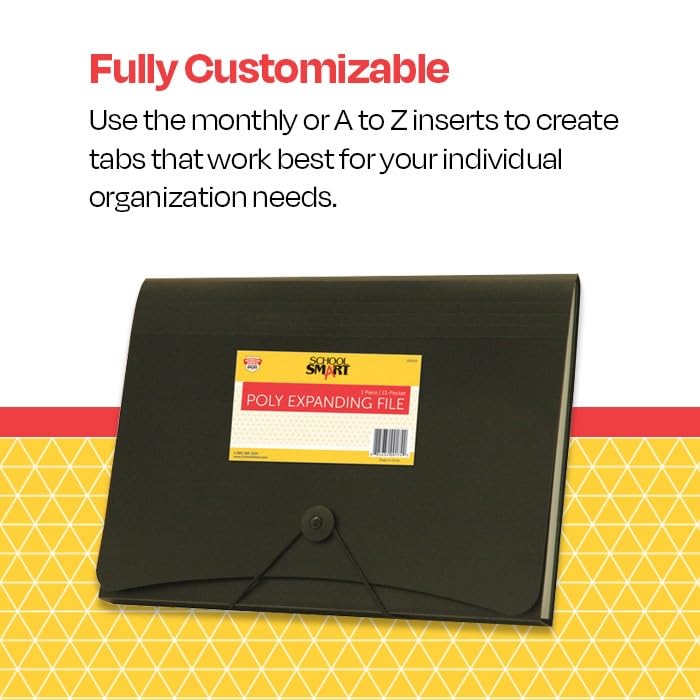 School Smart 85104 13-Pocket Poly Expanding File Folder - Black | Organize School Documents, Office Files & Important Papers