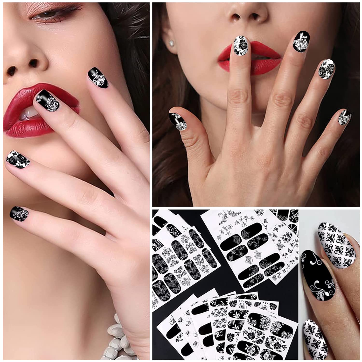 DANNEASY 24 Sheets Black and White Nail Polish Strips - Full Nail Wraps with Floral Designs, Self-Adhesive Nail Stickers for Women | Includes 1 Nail File & Cuticle Stick | Perfect for Home Manicures, Parties, and Gifts