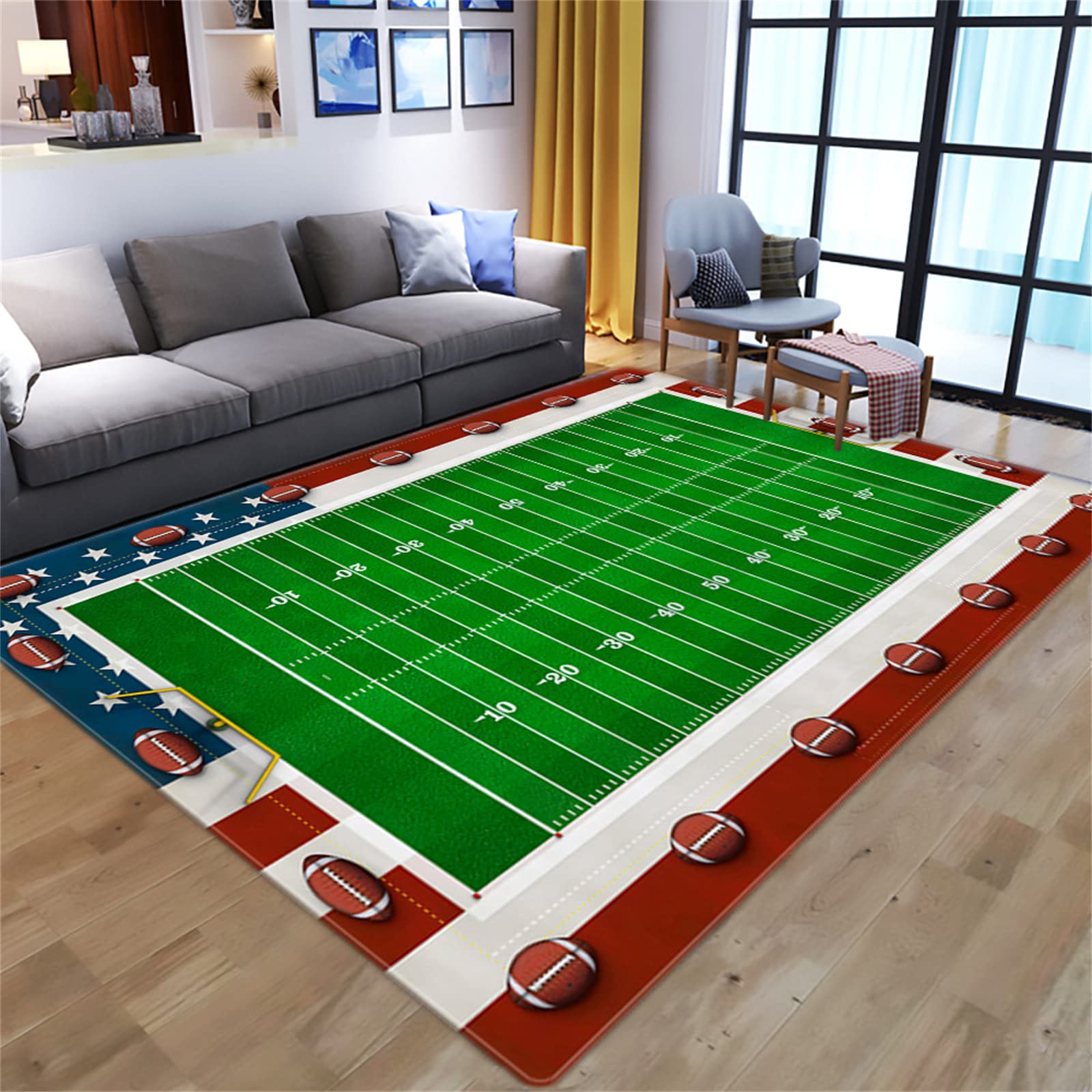 Washable Football Field Area Rug - Soft Non-Skid Sports Carpet for Boys Bedroom, Playroom & Study - 3'4