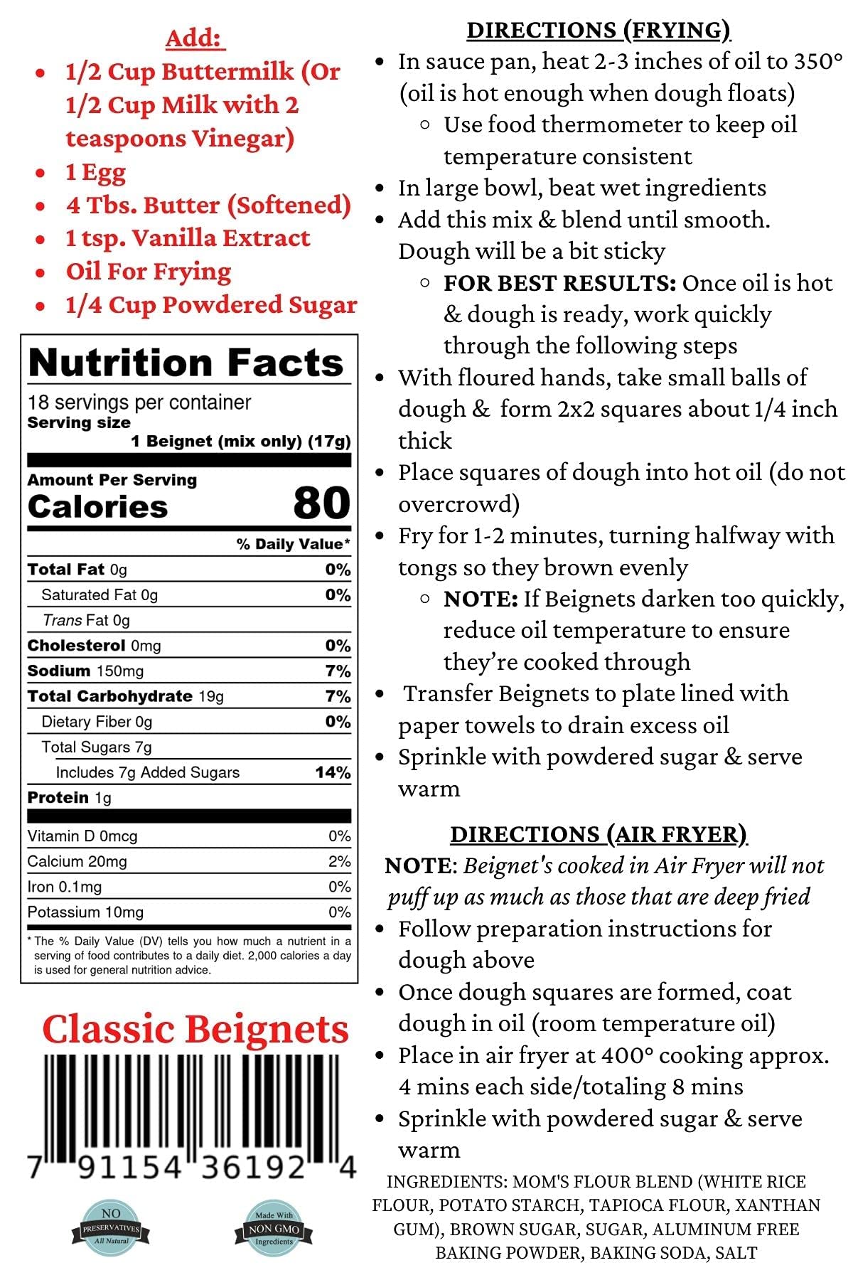 Gluten Free Classic Beignet Mix - Authentic New Orleans Style, Easy to Make, Vegan & Non-GMO - Perfect for Breakfast, Desserts & Special Occasions