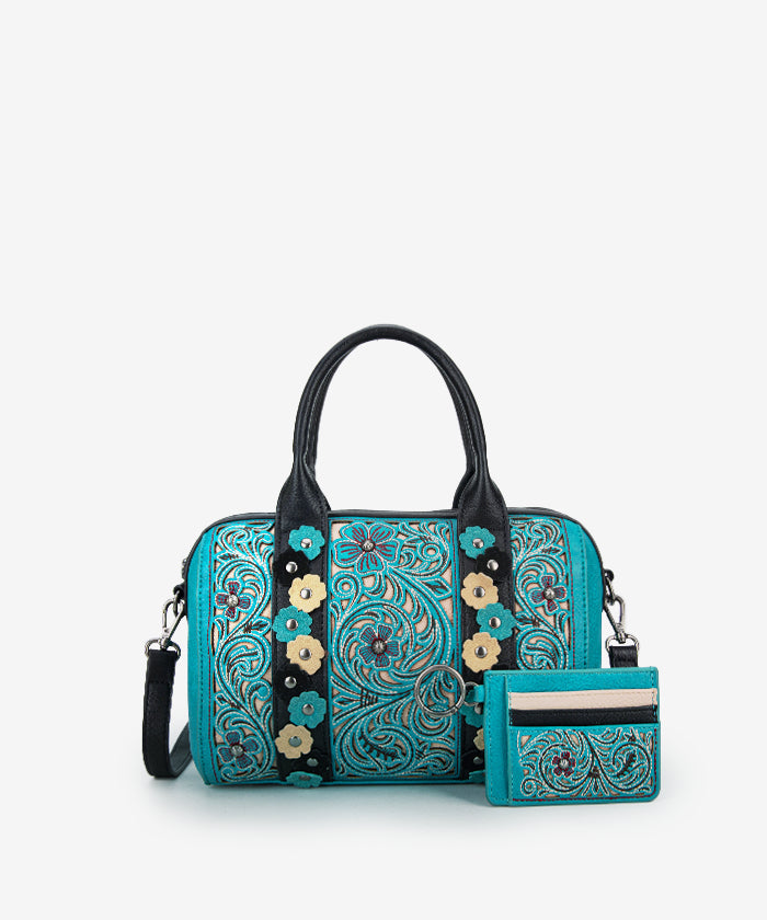 Montana West Embroidered Floral Cut Out Boston Bag Set - Stylish Leather Shoulder Purse for Women, Perfect for Work, Travel & Everyday Use