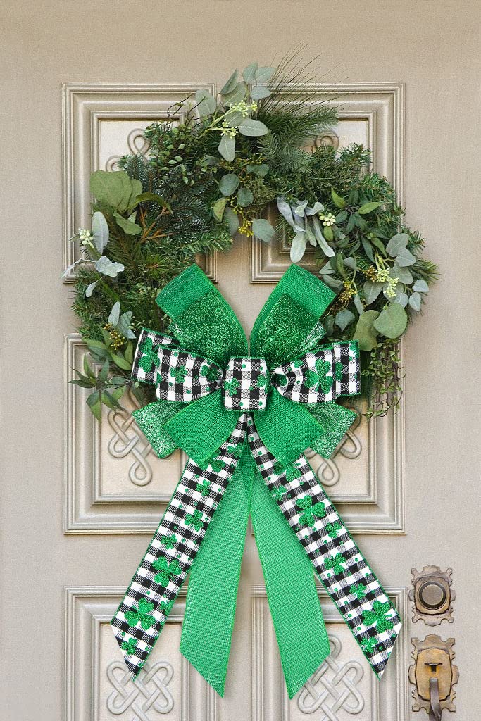 St. Patrick's Day Wreath Bows - Large Buffalo Plaid Burlap Bows with Green Shamrock Design for Holiday Decorations, Wreath Topper & Front Door Decor | Perfect for St. Patrick's Day Party, Home & Irish Themed Events