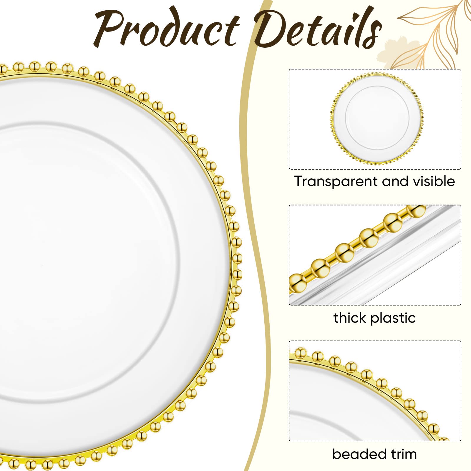 Dandat 100 Pcs 13 Inch Clear Round Plastic Charger Plates with Beaded Rim - Gold Decorative Dinner Plates for Wedding, Birthday Party, Events & Table Decor - Elegant Place Settings for Fine Dining & Special Occasions