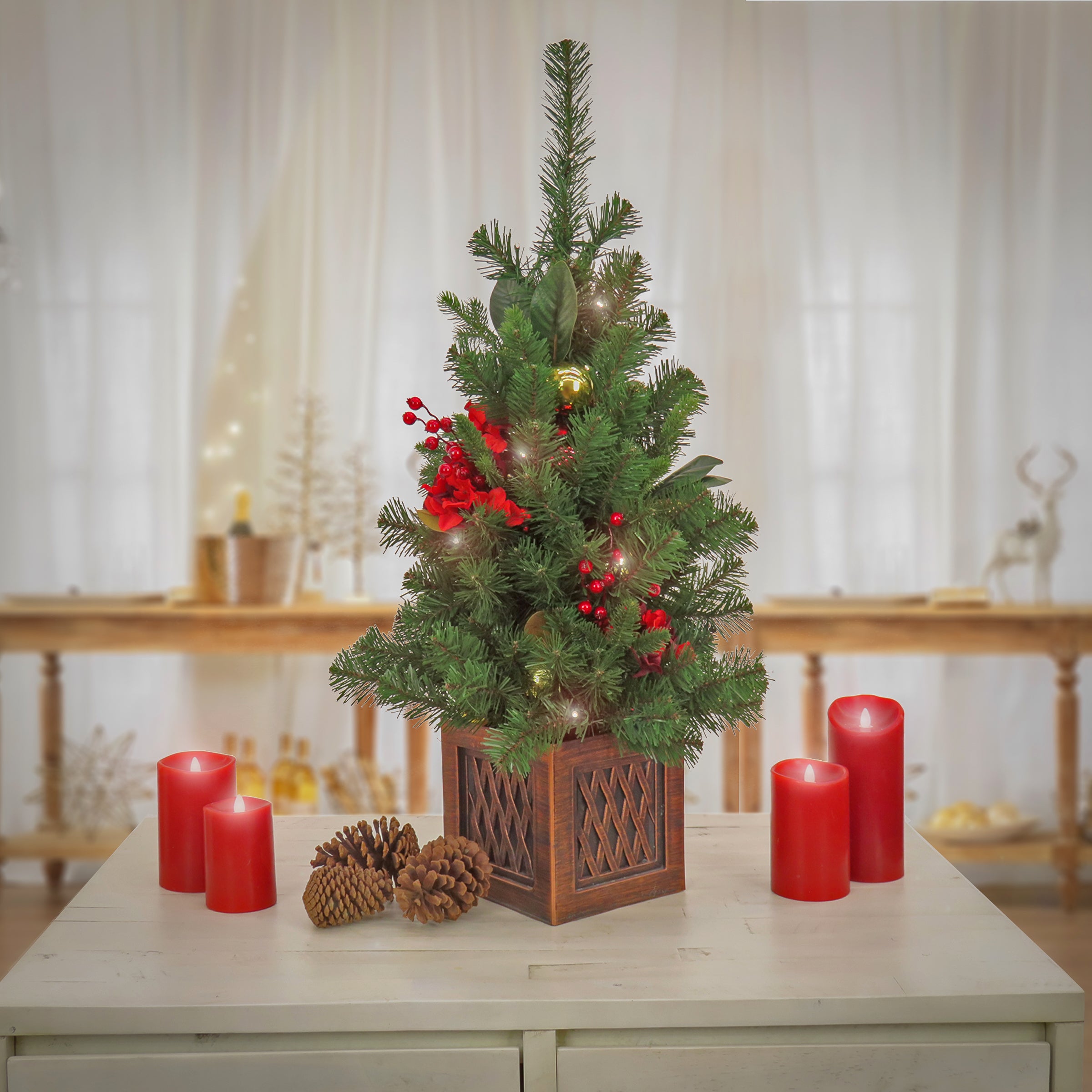 36 Inch Pre-Lit Christmas Tree with Warm White LED Lights - Vienna Waltz Decorated Artificial Tree for Holiday Home Decor & Party Decoration