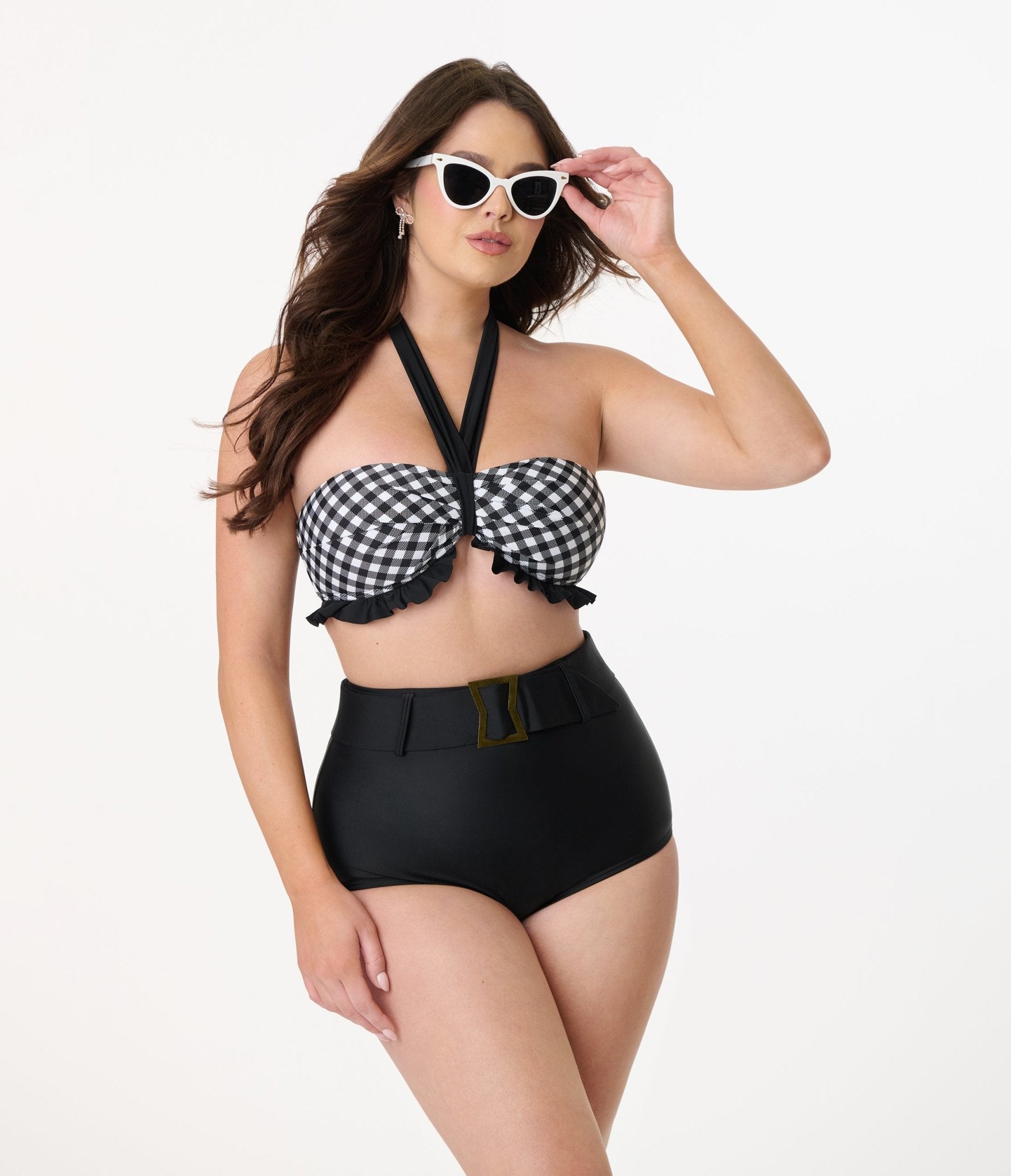 Vintage Black & White Bias Gingham Twist Front Halter Swim Top - Retro Bathing Suit for Women - Perfect for Beach Vacations & Pool Parties