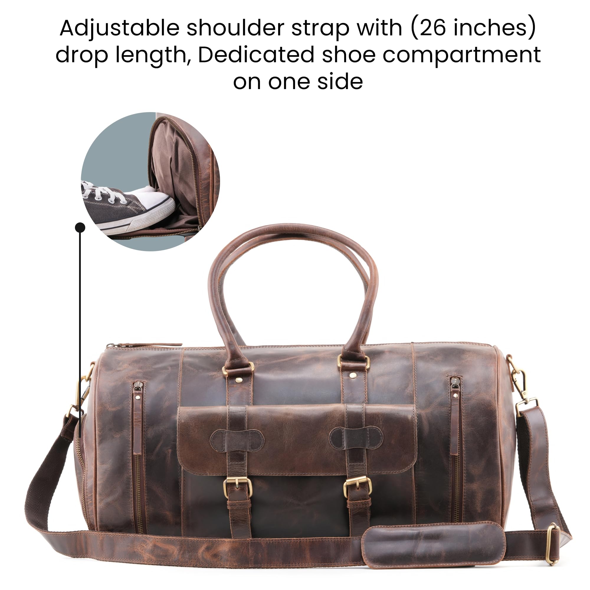 Handmade Genuine Buffalo Leather Duffle Bag - 21 Inch Gym & Travel Weekender Overnight Bag - TSA Approved Carry-on Luggage for Men & Women - Perfect for Gym, Business Trips & Weekend Getaways