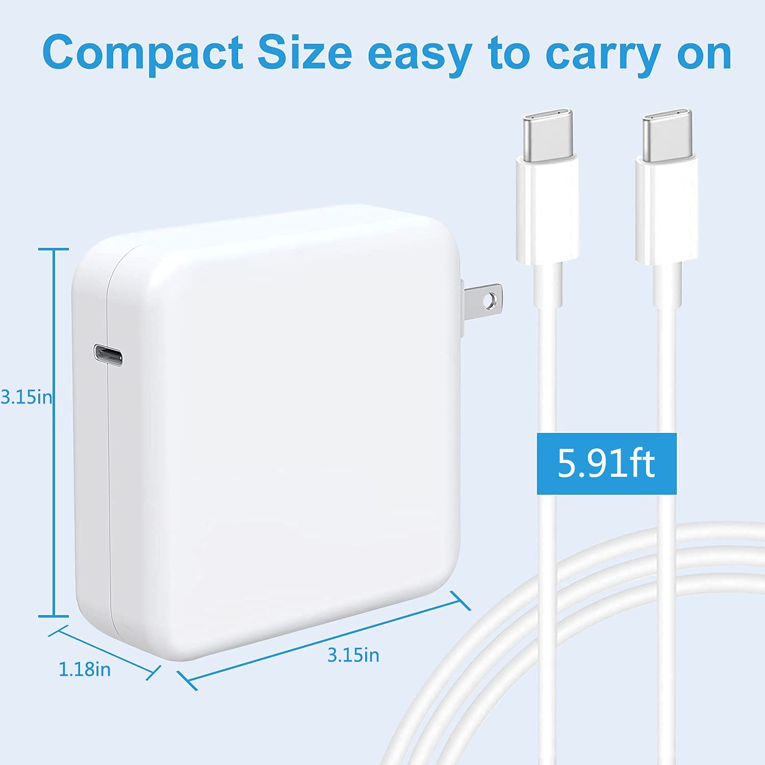 96W USB C Charger for MacBook Pro/Air 16/15/14/13 Inch & iPad Pro - Fast Power Adapter with USB C to C Cable - Compatible with All USB C Devices - Perfect for Travel, Office & Home Use
