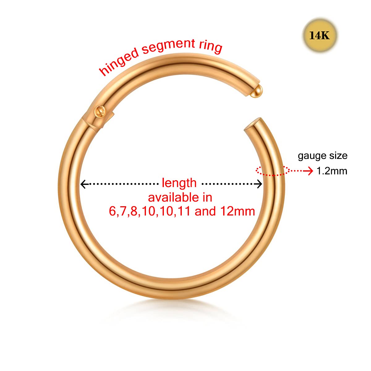 14K Solid Gold 16 Gauge Hinged Segment Nose Ring - Cartilage Earring for Rook, Daith, Tragus & Helix Piercings | Durable & Hypoallergenic Jewelry for Everyday Wear & Special Occasions