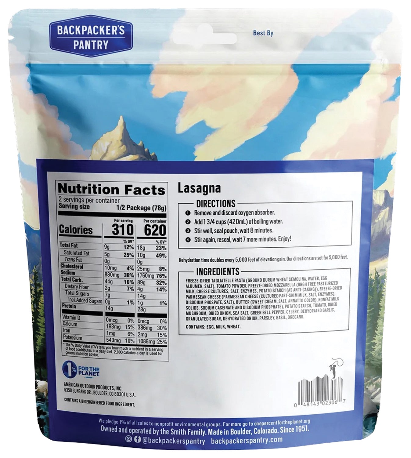 Backpackers Pantry Vegetarian Performance Lasagna - 2-Person Freeze-Dried Meal for Hiking & Camping | Lightweight Backpacking Food for Outdoor Adventures