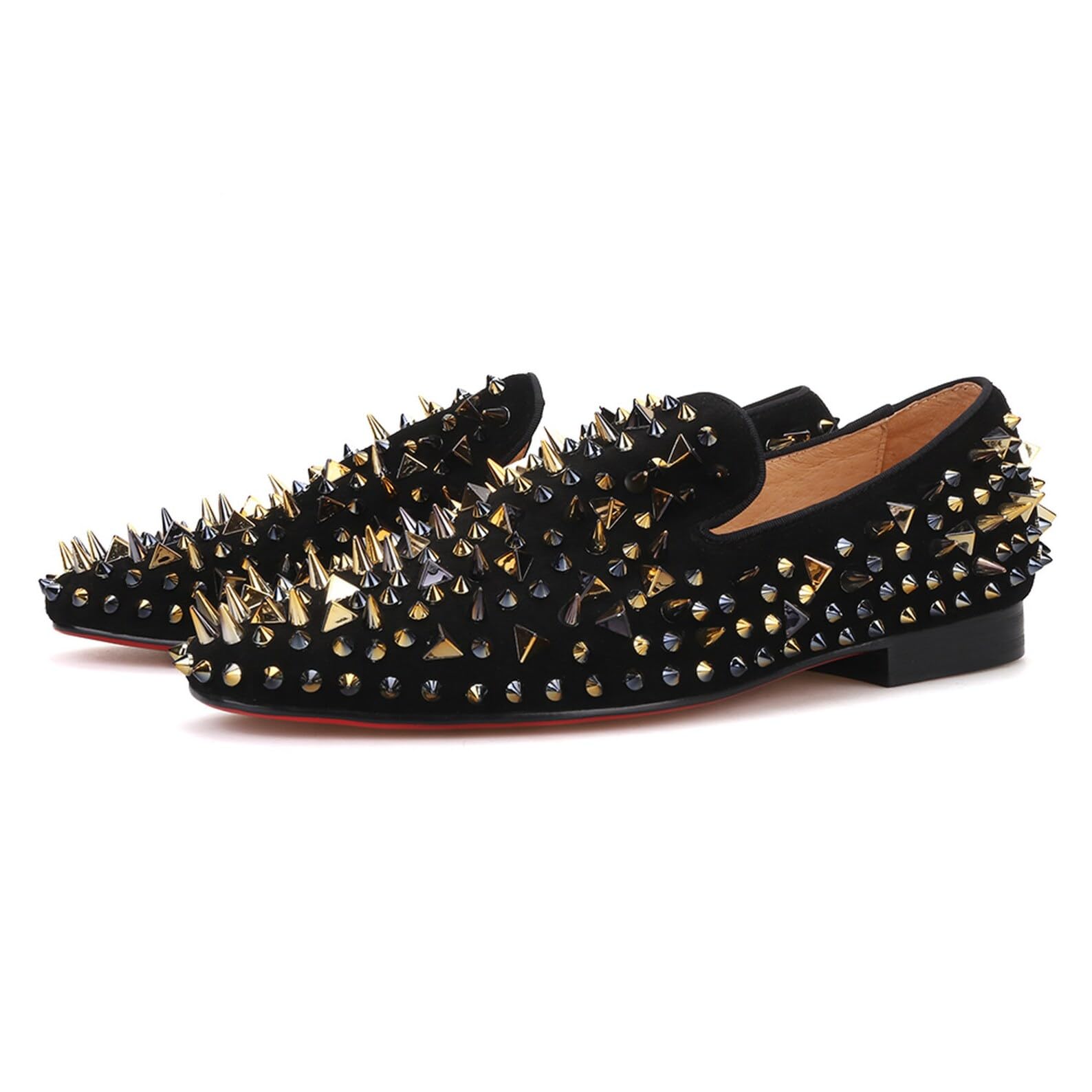 FERUCCI Men's Black Velvet Loafers with Gold Spikes - Comfortable Slip-On Slippers for Indoor/Outdoor Wear, House Shoes for Relaxing at Home or Casual Outings
