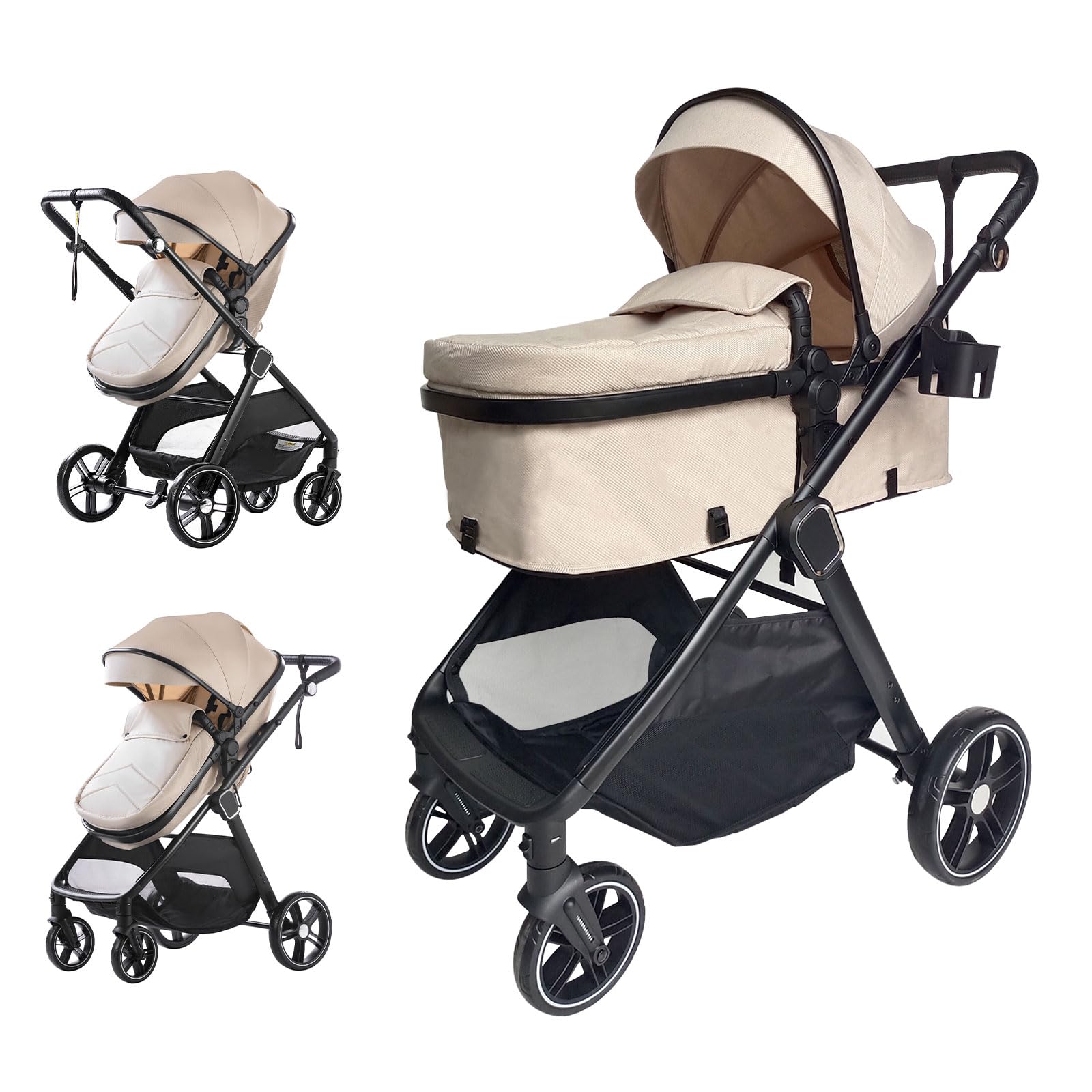 Trenana 2 in 1 Baby Stroller - Reversible Bassinet & Adjustable Canopy, Lightweight Aluminum Alloy Frame with Shock Absorption for Newborns & Infants (620-Khaki) | Perfect for Park Walks, Shopping & Travel