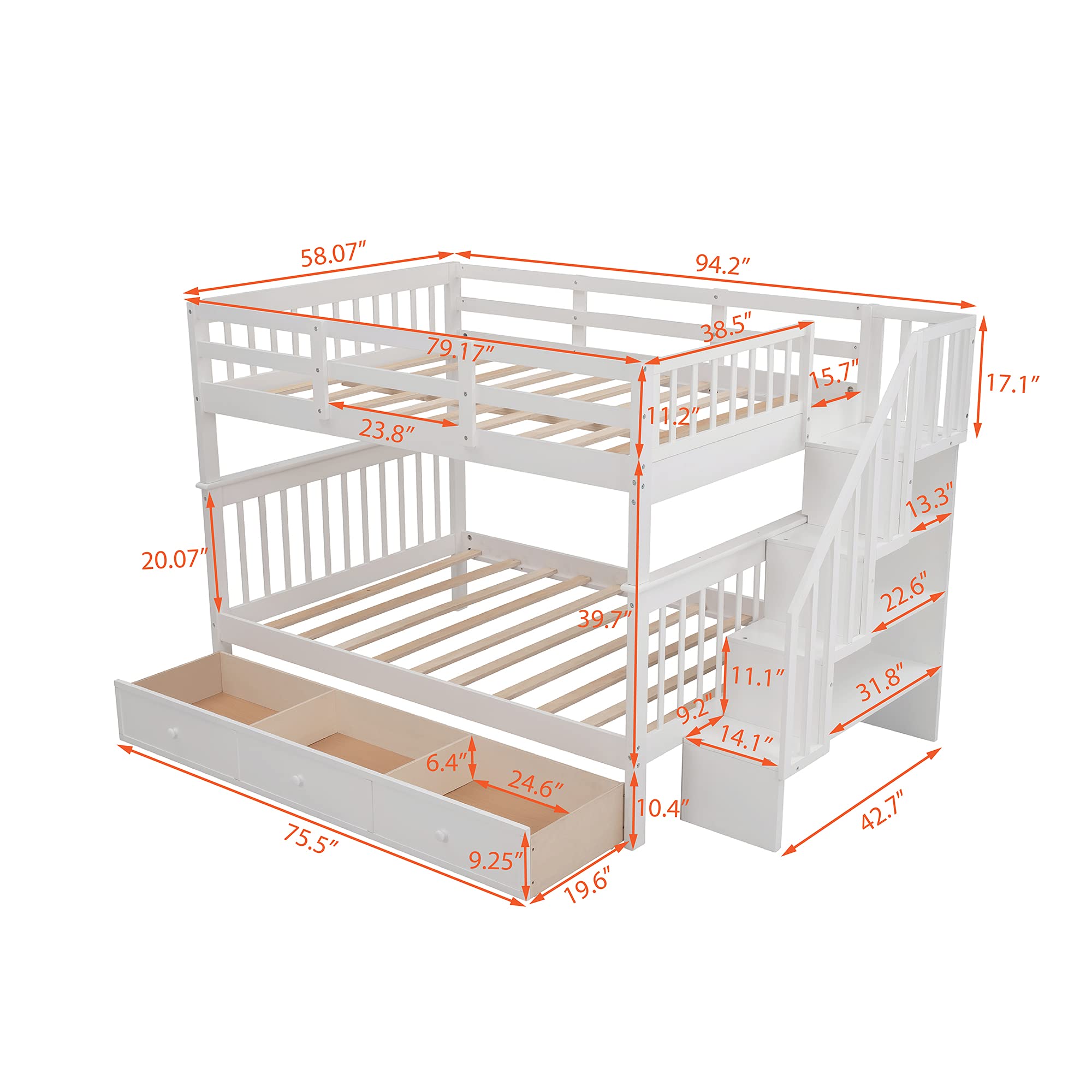 Harper & Bright Designs Full Over Full Bunk Beds with Storage Drawers and Stairs - Solid Wood Bunk Bed Frame for Kids, Boys, Girls & Teens - White - Perfect for Small Bedrooms, Shared Kids Rooms & Space-Saving Solutions