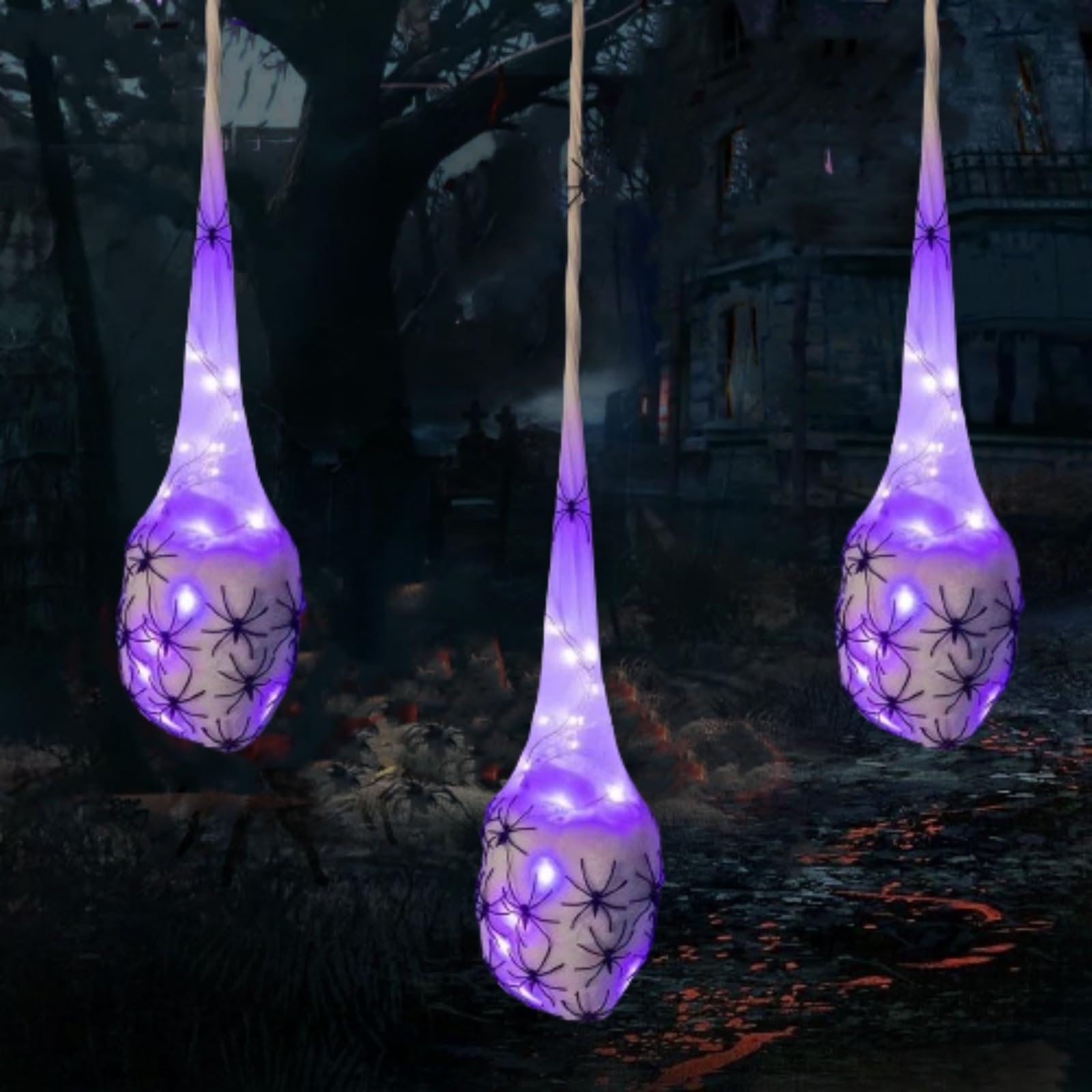 **Halloween LED Light-Up Spider Egg Sacs Decorations - 3PCS White Hanging Spider Egg Sacks with Lights for Spooky Party, Haunted House & Outdoor Decor**