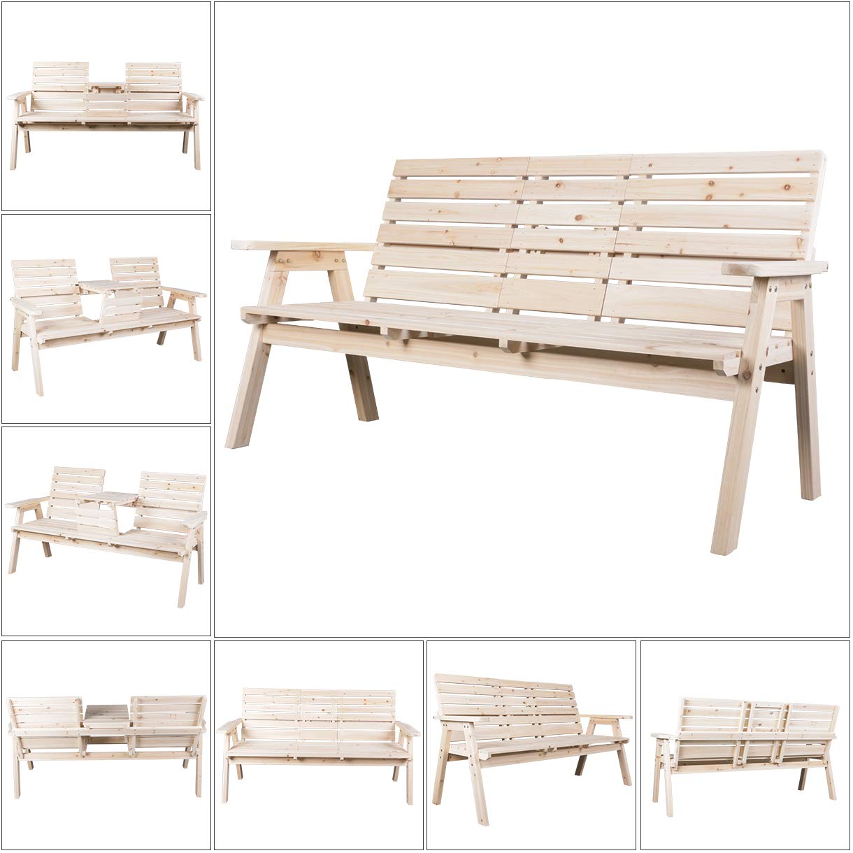 **Foldable Cedar/Fir Wood Patio Bench with Table - 3-Seat Outdoor Garden Chair for Porch, Balcony & Backyard - Natural Finish Wooden Furniture for Relaxing & Entertaining**