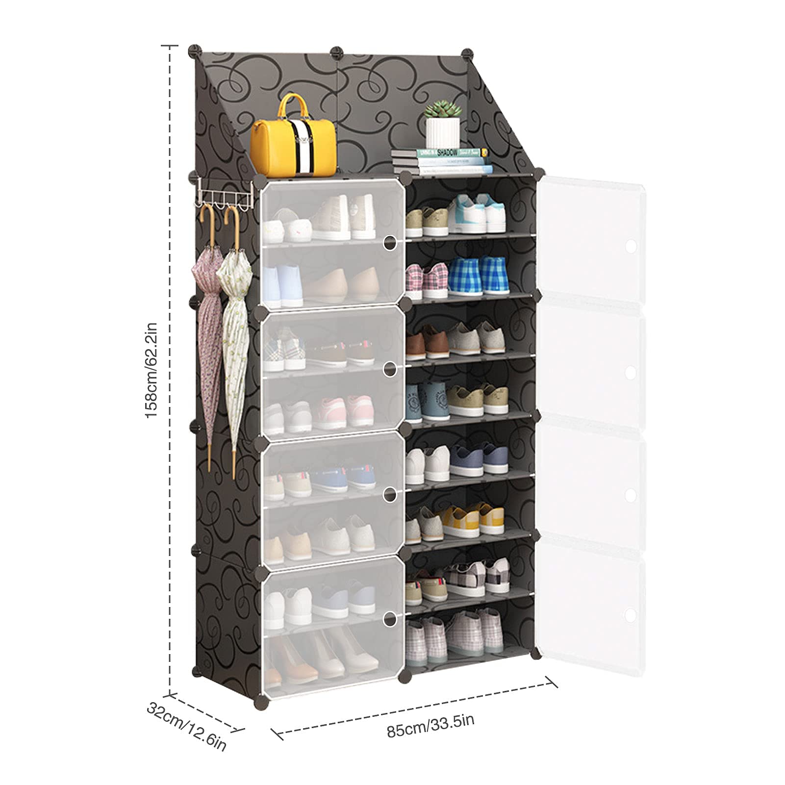 8-Tier Shoe Storage Cabinet with Doors & Key Holder - Expandable Standing Shoe Rack Organizer for 32-64 Pairs of Shoes, Boots & Slippers - Perfect for Closet, Hallway, Bedroom & Entryway Organization (Black) - Ideal for Small Spaces & Home Storage Solutions