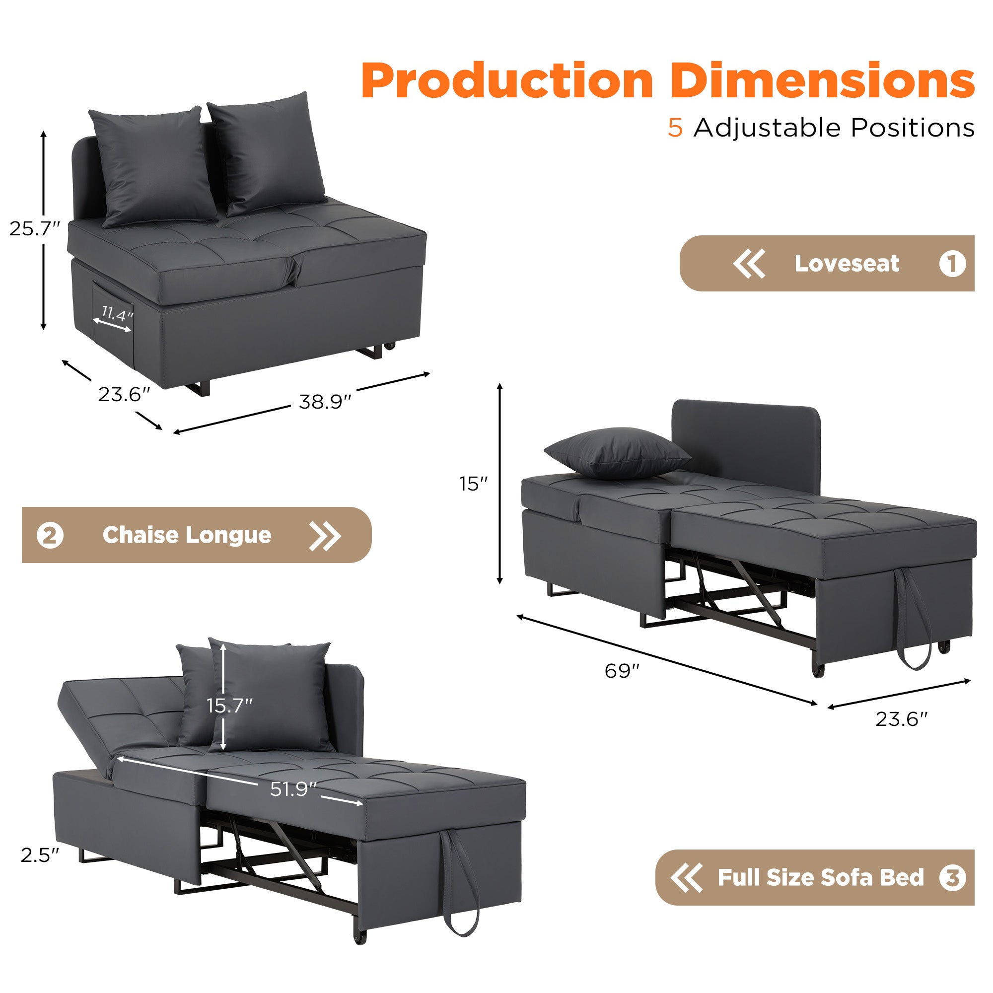 EROMMY 3-in-1 Convertible Futon Sofa Bed with Reclining Backrest - PU Leather Lounge Chair for Living Room, Bedroom & Small Spaces (Gray) | Perfect for Guest Sleeping, Relaxing & Space Saving