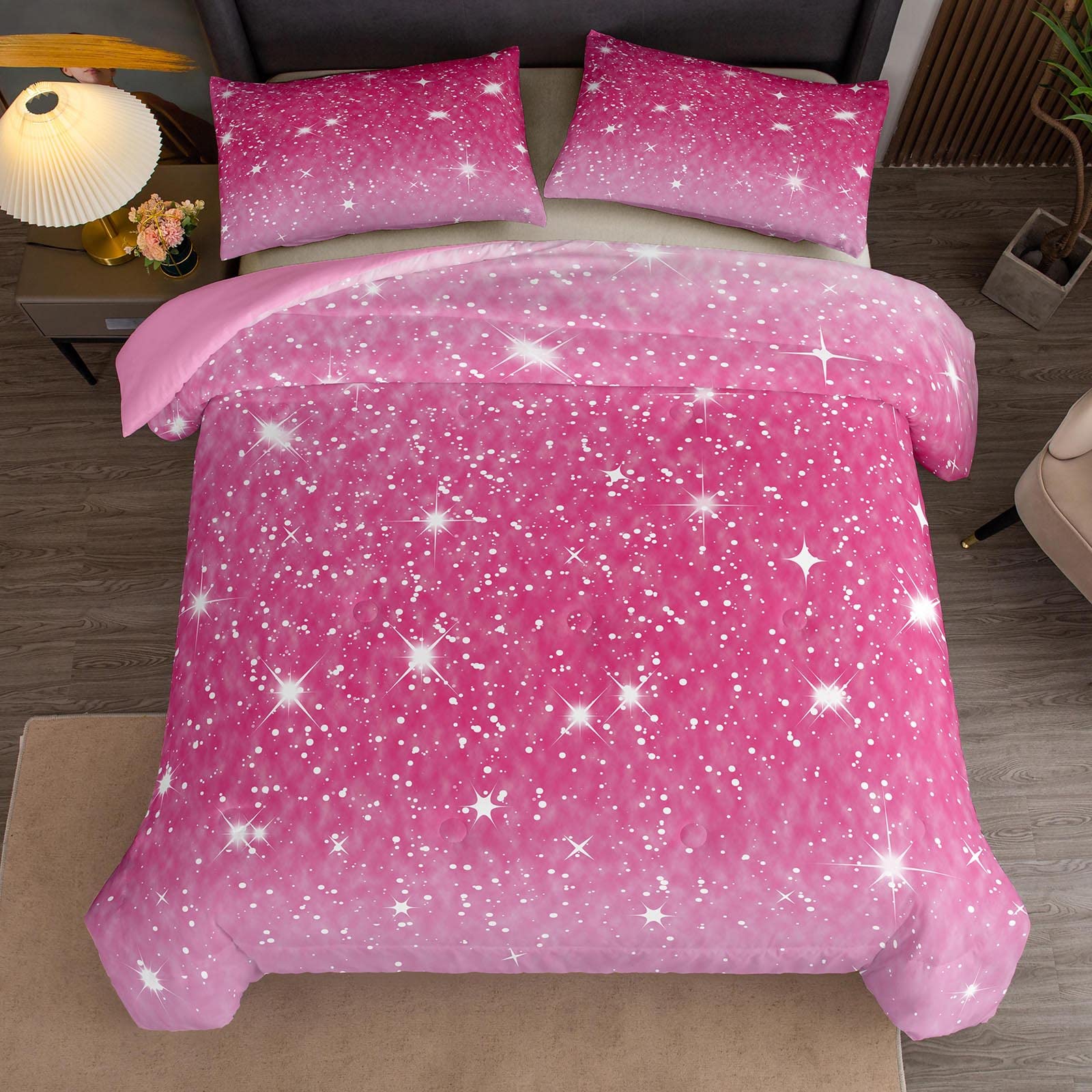 Sparkly Galaxy Full Size Comforter Set for Girls - Pink Glitter Bedding with 2 Pillowcases (3 Piece Set) | Soft & Cozy Teen Room Decor for Sleepovers & Birthday Gifts