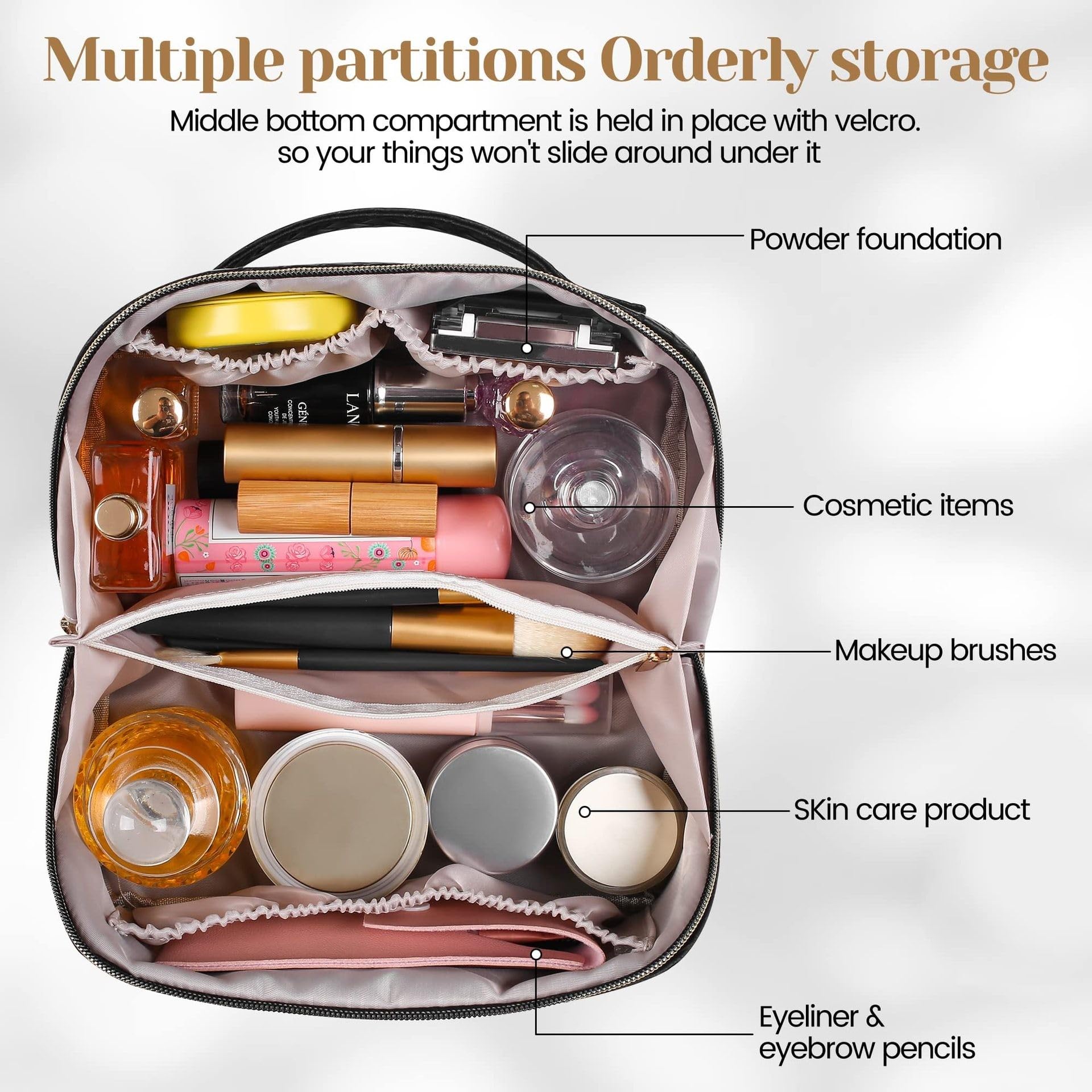 Savatti Large Capacity Makeup Organizer Bag - Travel Toiletry Bag with Wide Open Pouch, Cosmetic Storage for Women, Makeup Brush Holder & Toiletries Accessories (Brown, 165) - Perfect for Travel, Home Organization & Daily Essentials Storage