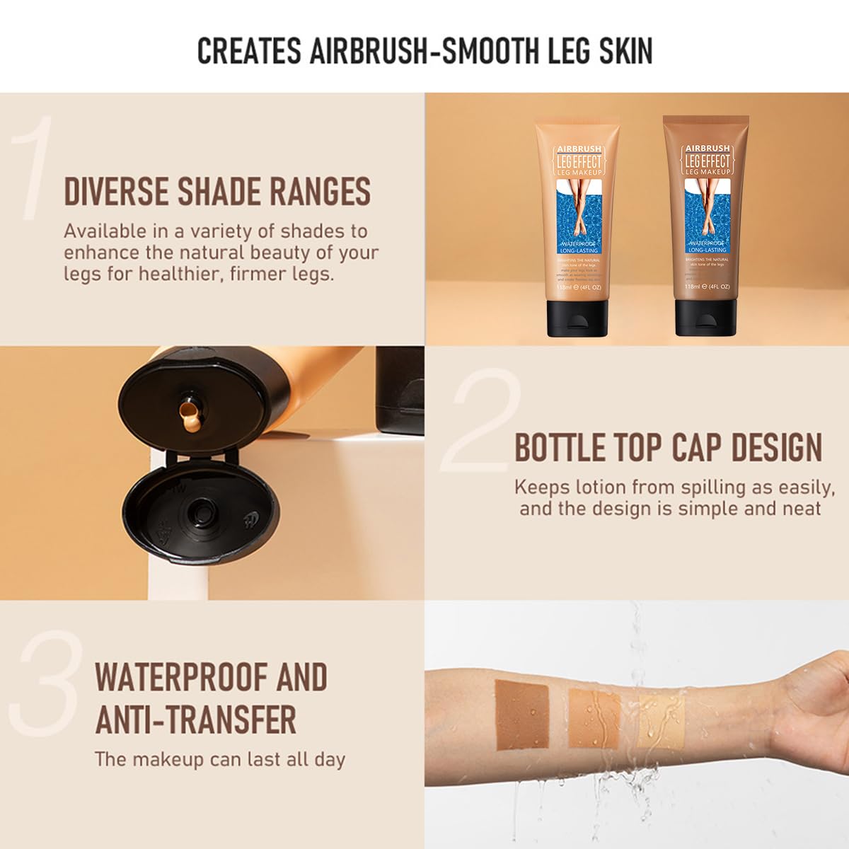Waterproof Leg Makeup for Women - 4 Fl Oz Long Lasting No Transfer Leg Vein & Scar Cover Up Foundation, Body Concealer Lotion (Brown) - Perfect for Daily Wear, Special Occasions & Covering Imperfections