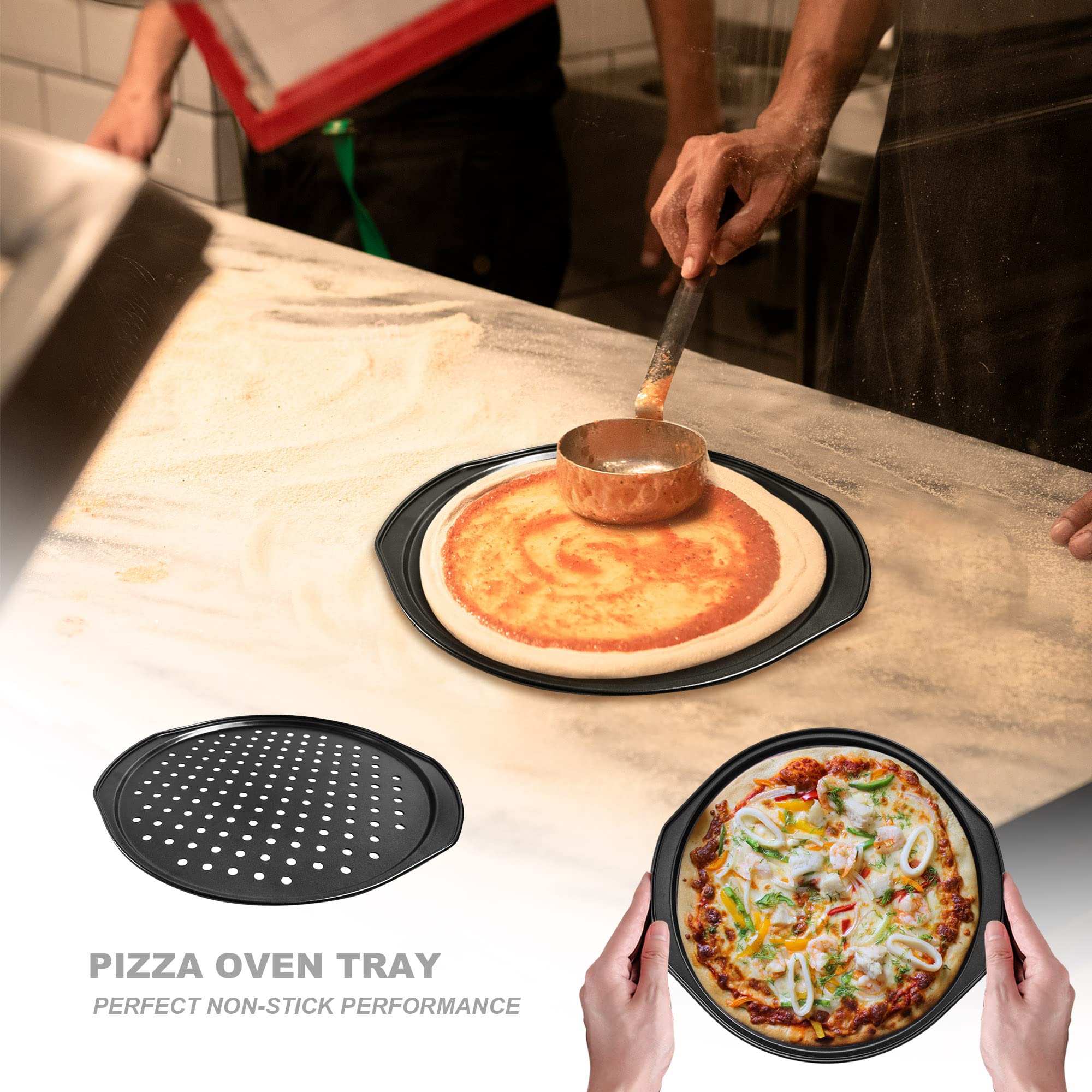 AZKEEGREY 2 Pack 14 Inch Non-Stick Pizza Pans for Oven - Carbon Steel Round Pizza Trays with Holes & Handles (30cm Inside Diameter) - Perfect for Baking, Reheating & Serving Homemade Pizzas, Breads & Pastries