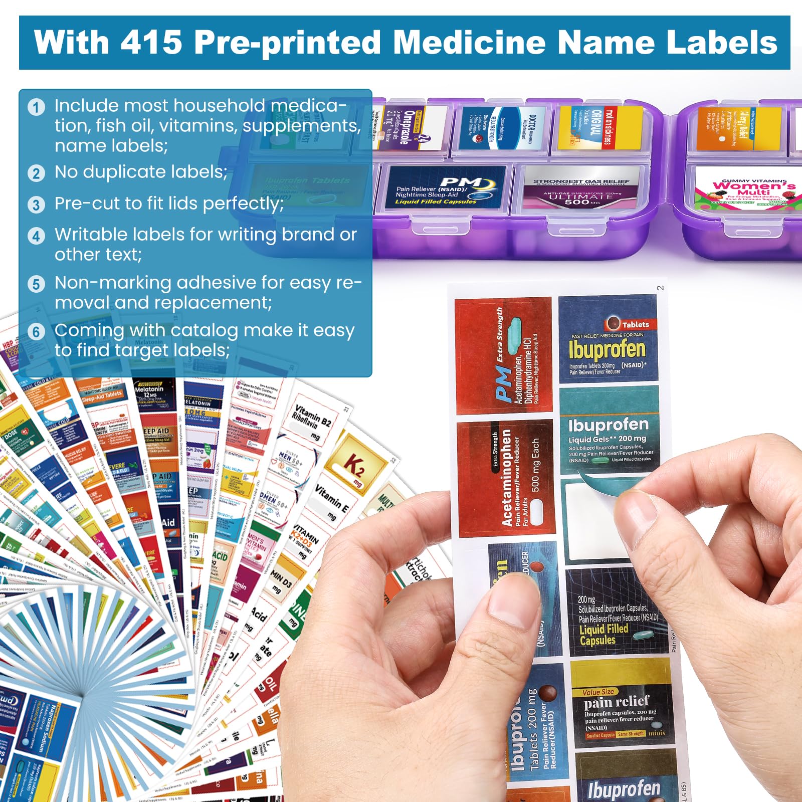 14-Grid Travel Pill Organizer Box with 415 Medicine Labels - Portable Daily Pharmacy Case for Vitamins, Fish Oil & Supplements - Clear Purple - Perfect for Travel, Home & Office Medication Storage