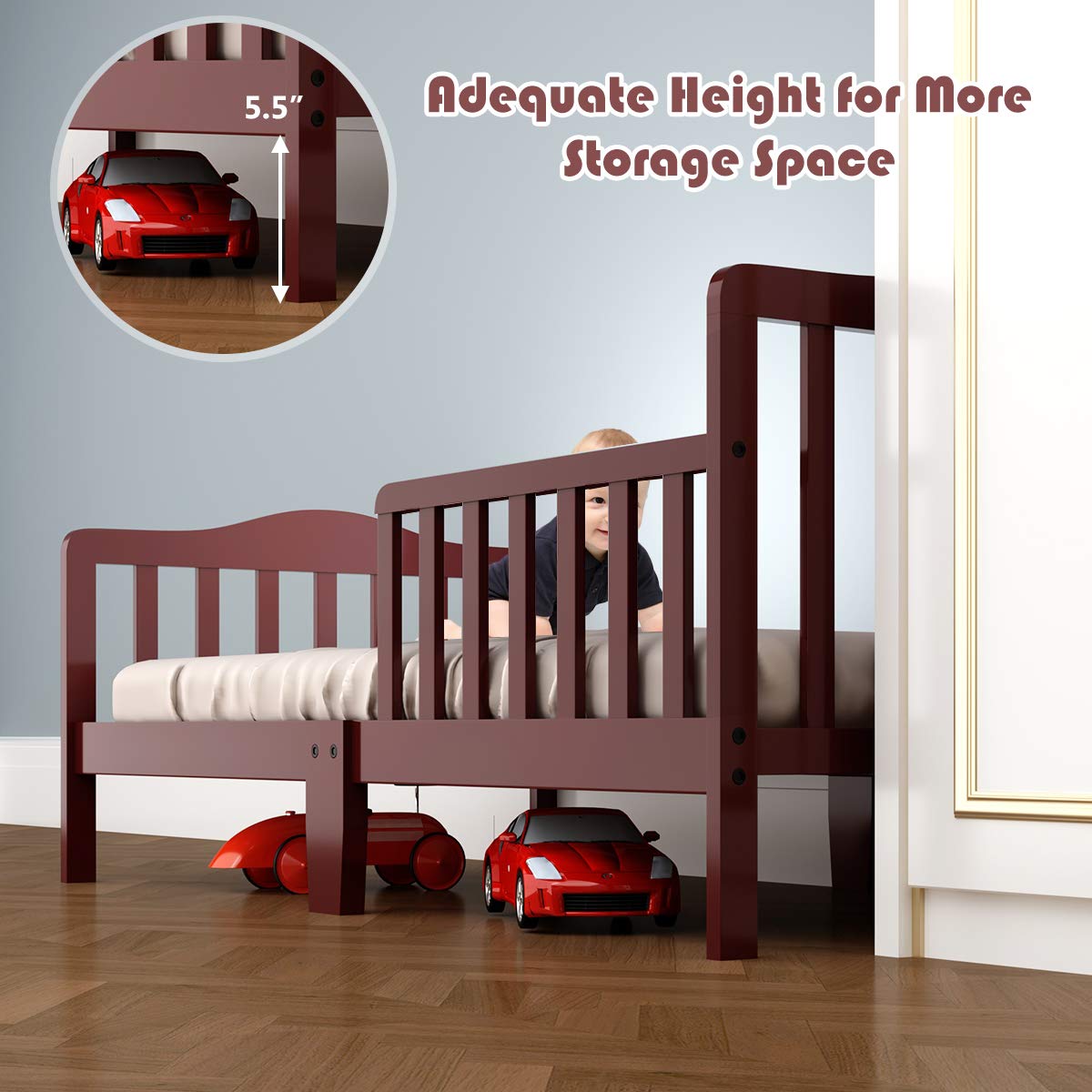 Costzon Toddler Bed - Classic Wooden Kids Bed Frame with Double Safety Guardrail, Low to Floor Design & Wooden Slat Support - Fits Full Size Crib Mattress - Perfect Nursery Furniture for Boys & Girls (Cherry) - Ideal for Safe Toddler Sleep Transition & Small Bedroom Spaces