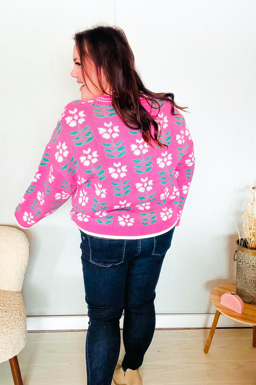 All For Love Fuchsia Flower Print Button Down Knit Cardigan for Women - Soft Casual Long Sleeve Open Front Sweater for Spring, Fall & Winter (Office, Date Night, Weekend Outfits)