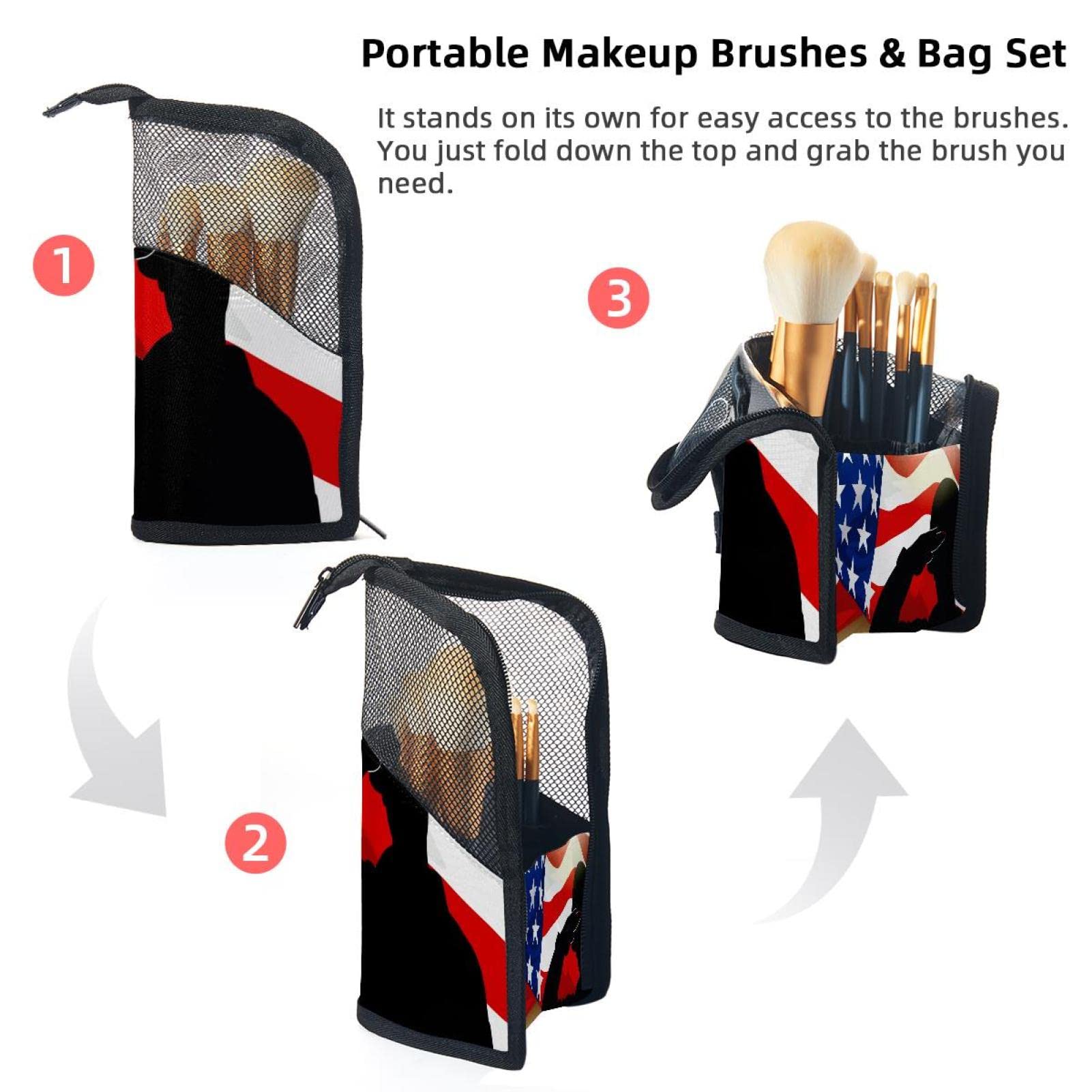 Patriotic American Soldiers Makeup Brush Organizer Bag with 12 Brushes - Portable Waterproof Cosmetic Brush Holder Case for Travel, Home & Professional Makeup Artists