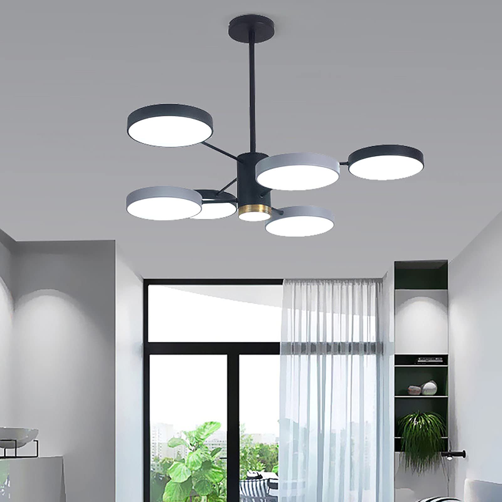 Modern 6-Lights LED Sputnik Chandelier with Opaline Round Acrylic Shade - Black Chrome Finish Ceiling Light Fixture for Kitchen, Dining Room, Living Room - Perfect for Modern Home Decor and Mid-Century Interior Design
