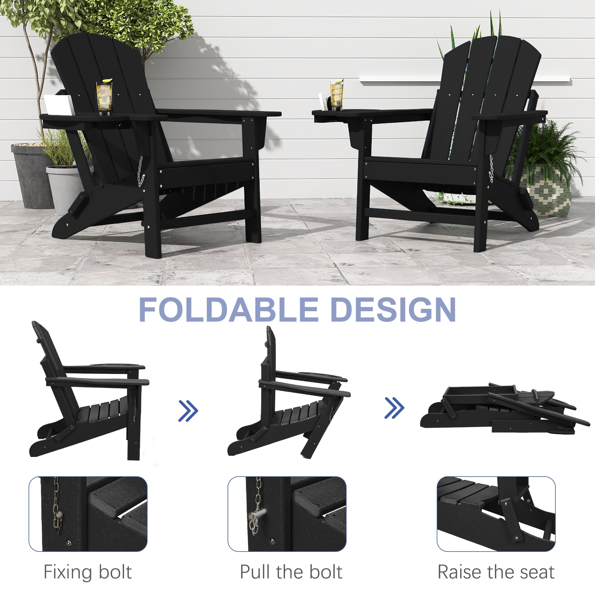 FOOWIN 4-Piece HDPE Folding Adirondack Chair Set - All-Weather Resistant Outdoor Furniture with 4-in-1 Cup Holder Trays - Perfect for Patio, Garden, Backyard, Deck & Fire Pit Gatherings (Black)