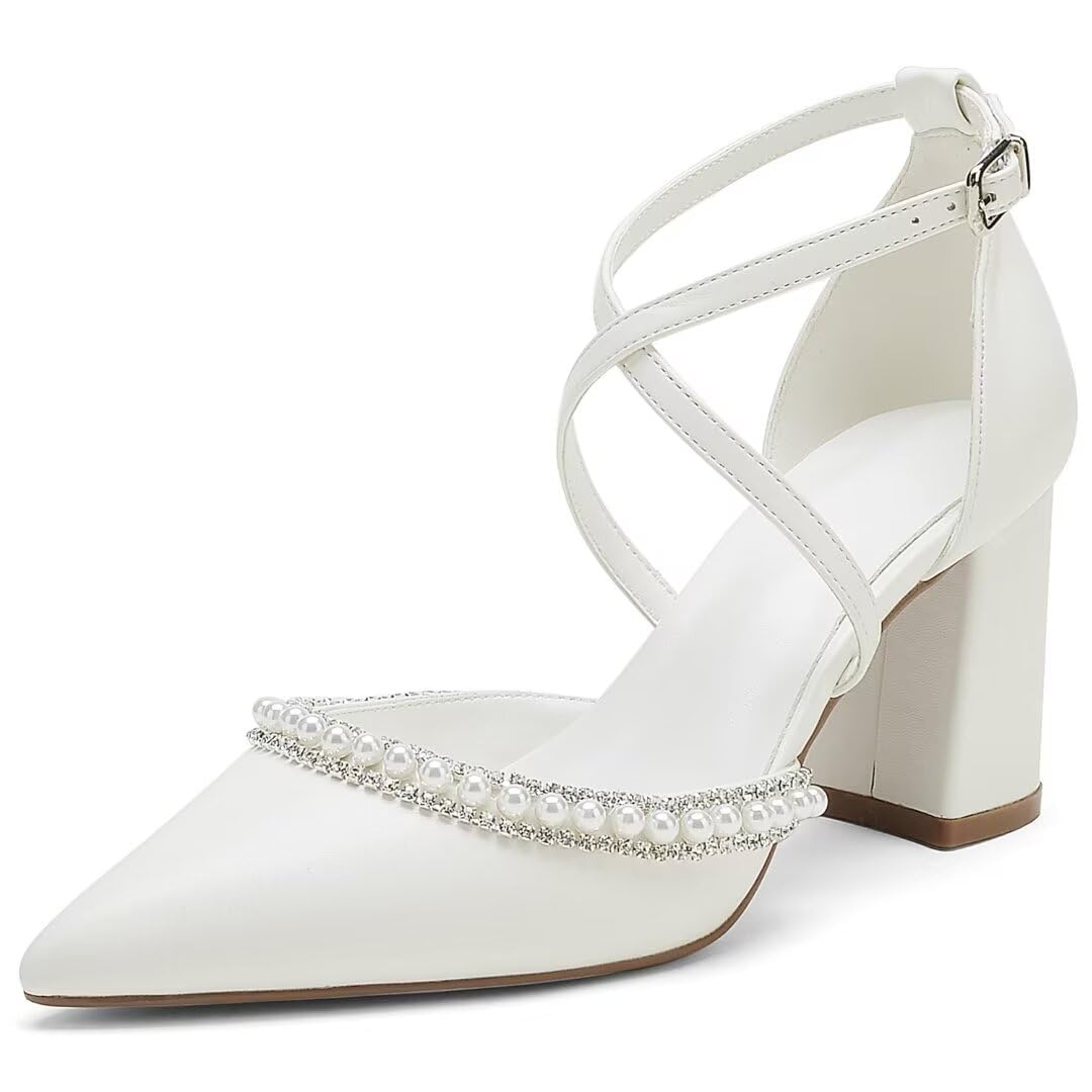 Elegant Pearl Embellished Closed Toe Wedding Shoes for Bride - Women's High Block Heel Bridal Pumps Perfect for Ceremonies, Receptions & Special Occasions
