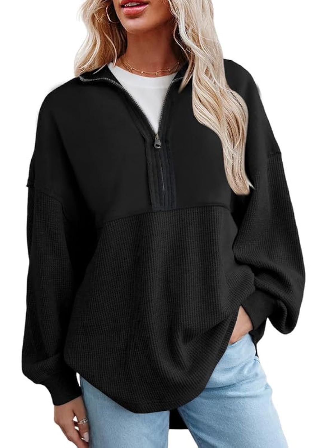 SHEWIN Women's Casual Waffle Knit Half Zip Pullover Sweatshirt - Loose Fit Long Sleeve Top for Fall & Winter Outfits 2024 | Cozy Lounge Wear, Office Casual, Weekend Errands