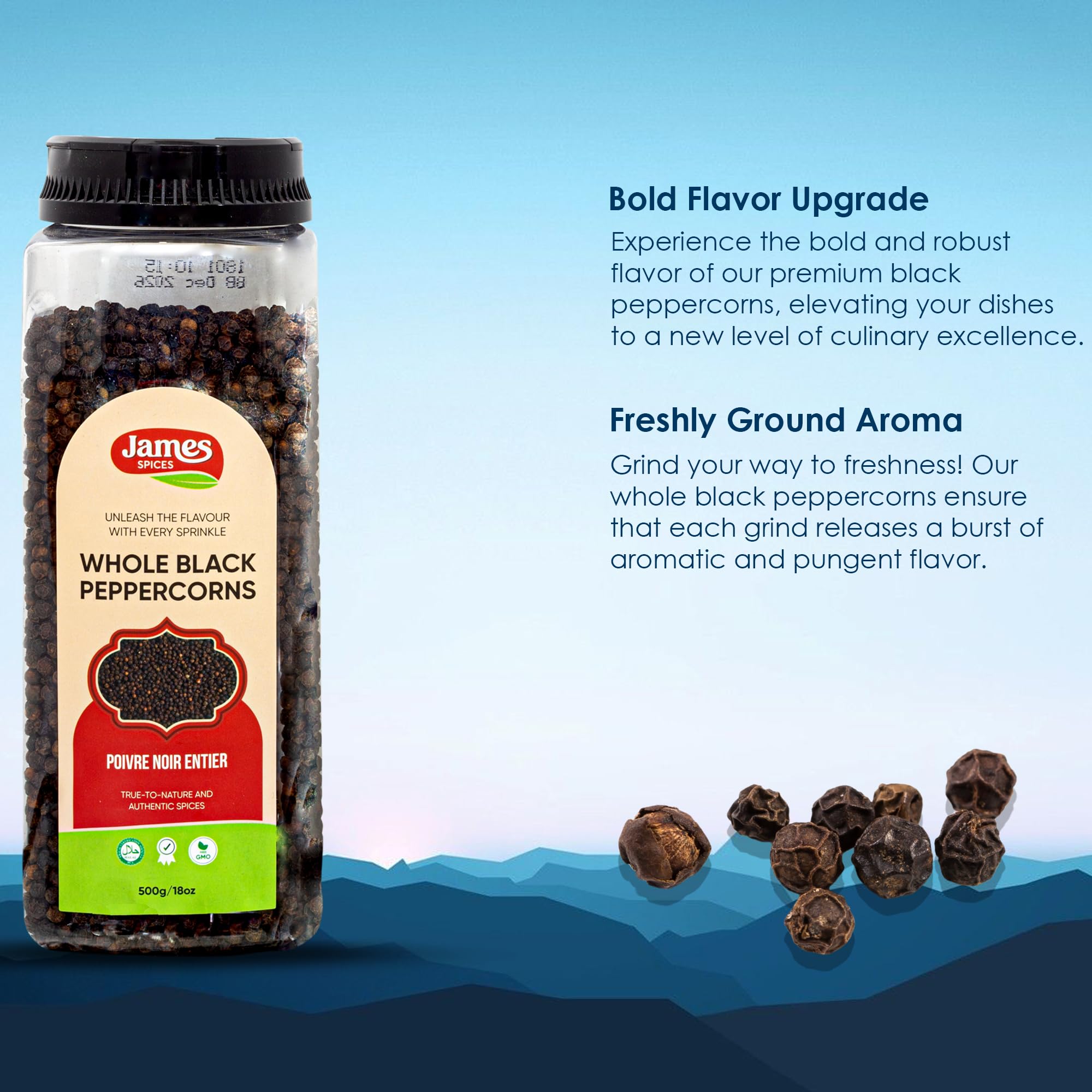 Premium Black Peppercorns by James Spices Inc. - 500g Bulk Whole Peppercorns for Cooking, Grilling & Seasoning - Gourmet Spice for Steak, Pasta & Soup
