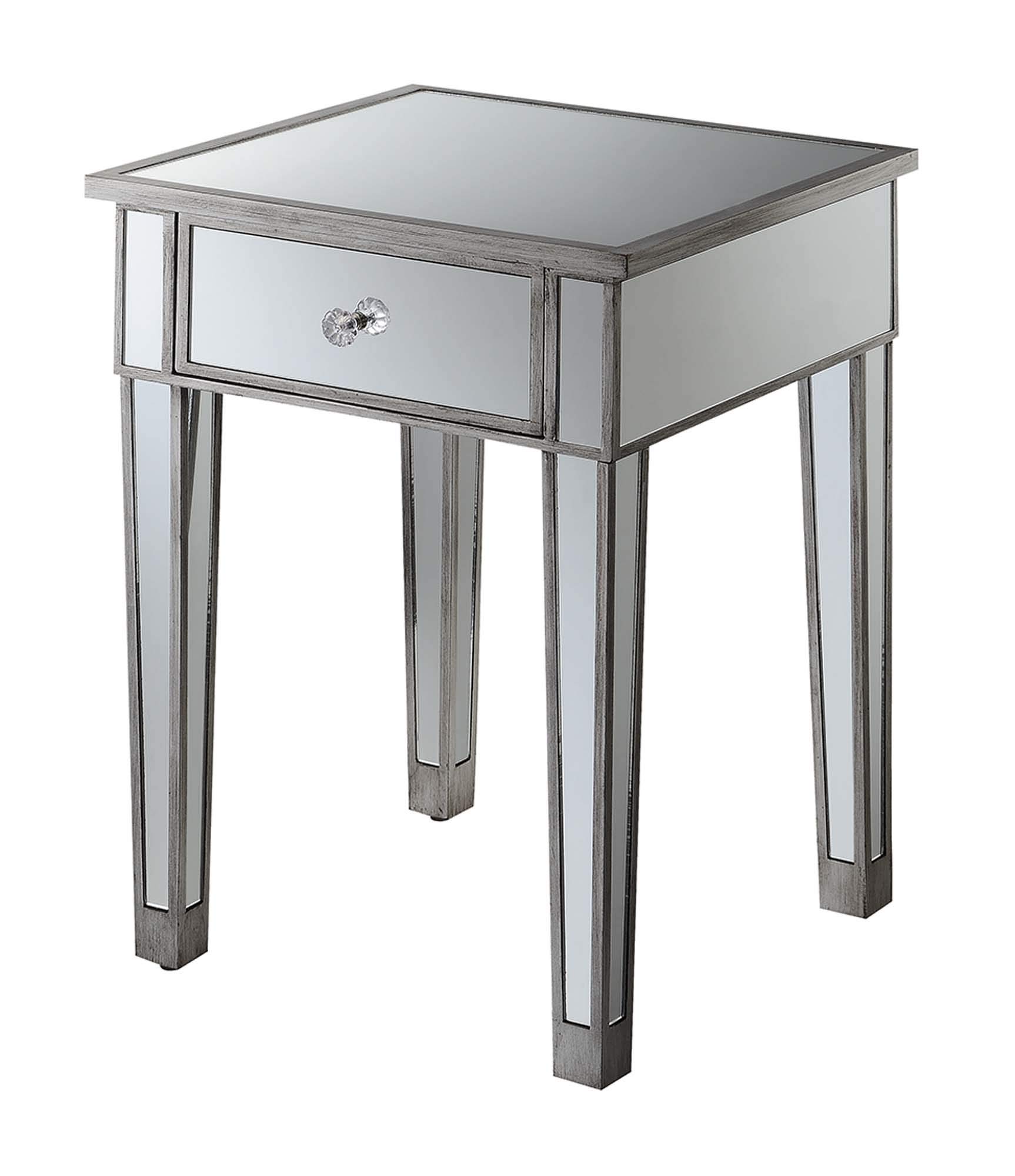 Convenience Concepts Gold Coast Mirrored End Table with Drawer - Antique Silver Finish & Mirror Top | Stylish Nightstand for Bedroom, Living Room, or Entryway Decor