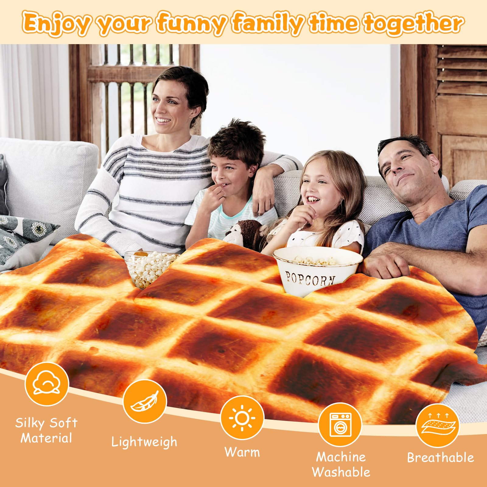 60 Inch Round Waffle Blanket for Teens & Kids - Soft Flannel Funny Food Themed Throw Blanket - Warm Cozy Gift for Bed, Office, Travel - Perfect for Sleepovers, Movie Nights & Road Trips