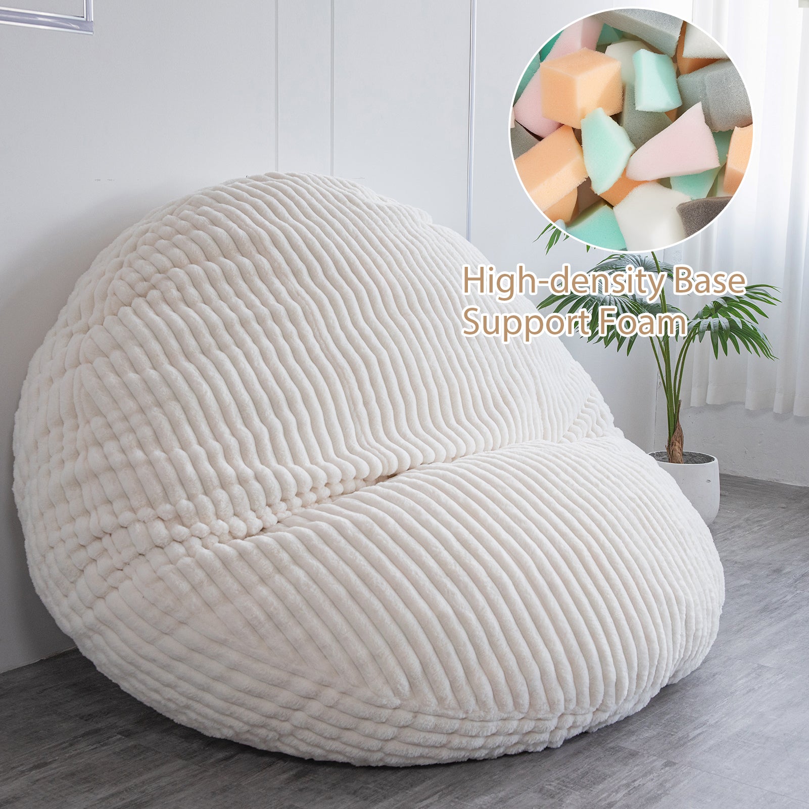 MAXYOYO Giant Round Bean Bag Chair for Adults - Soft Striped Faux Fur Oversized Lounger (Beige) | Perfect for Living Room, Bedroom, Game Room & Dorm Relaxation