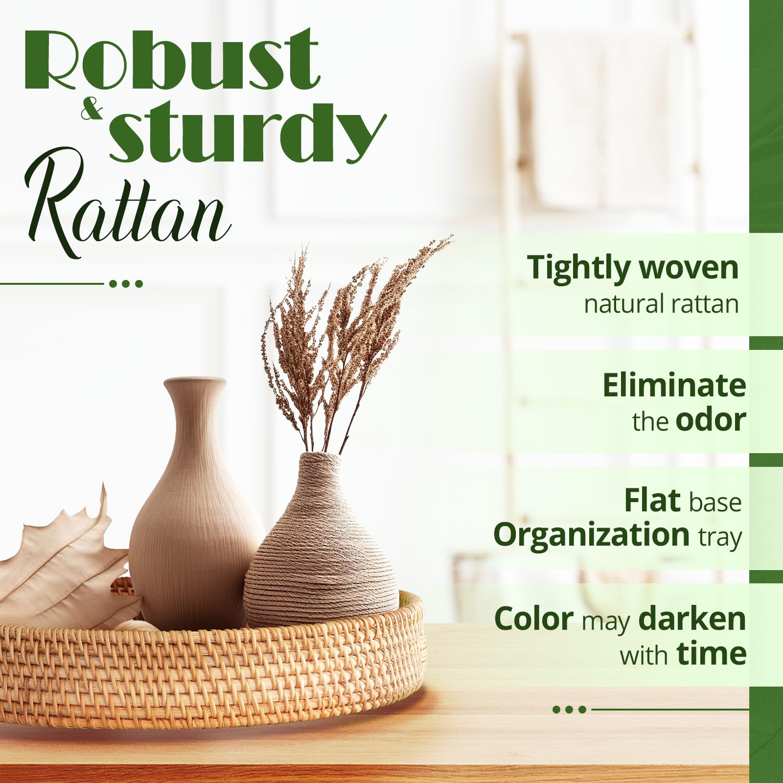 Handwoven 13.8'' Round Rattan Tray - Natural Wicker Coffee Table Tray with Handles - Ottoman Serving Tray for Living Room, Bedroom & Outdoor Use - Eco-Friendly Home Decor Accessory