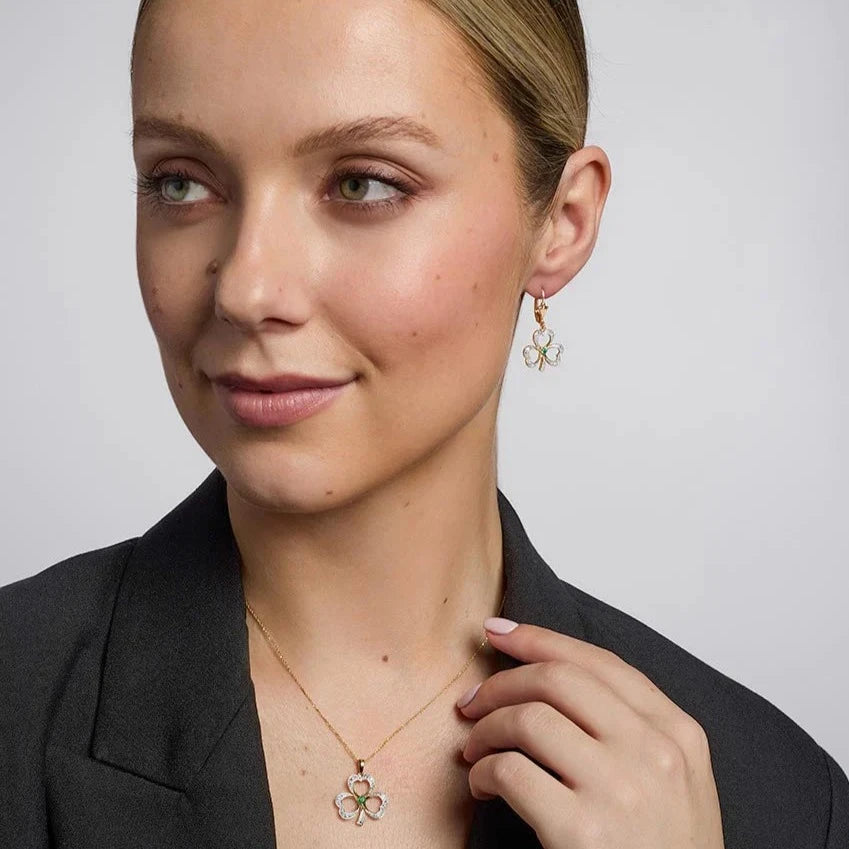 14K Gold Diamond & Emerald Shamrock Drop Earrings for Women - Elegant Irish Jewelry Gift for St. Patrick's Day, Weddings & Special Occasions