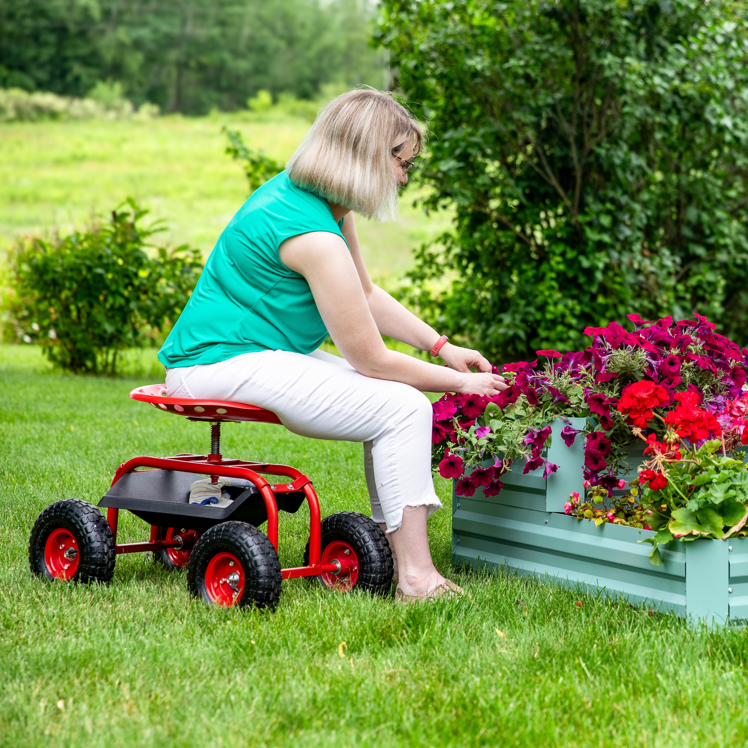 Sunnydaze Rolling Garden Cart with 360 Degree Swivel Seat & Tray - Heavy Duty Outdoor Utility Cart for Gardening, Yard Work & Patio Storage
