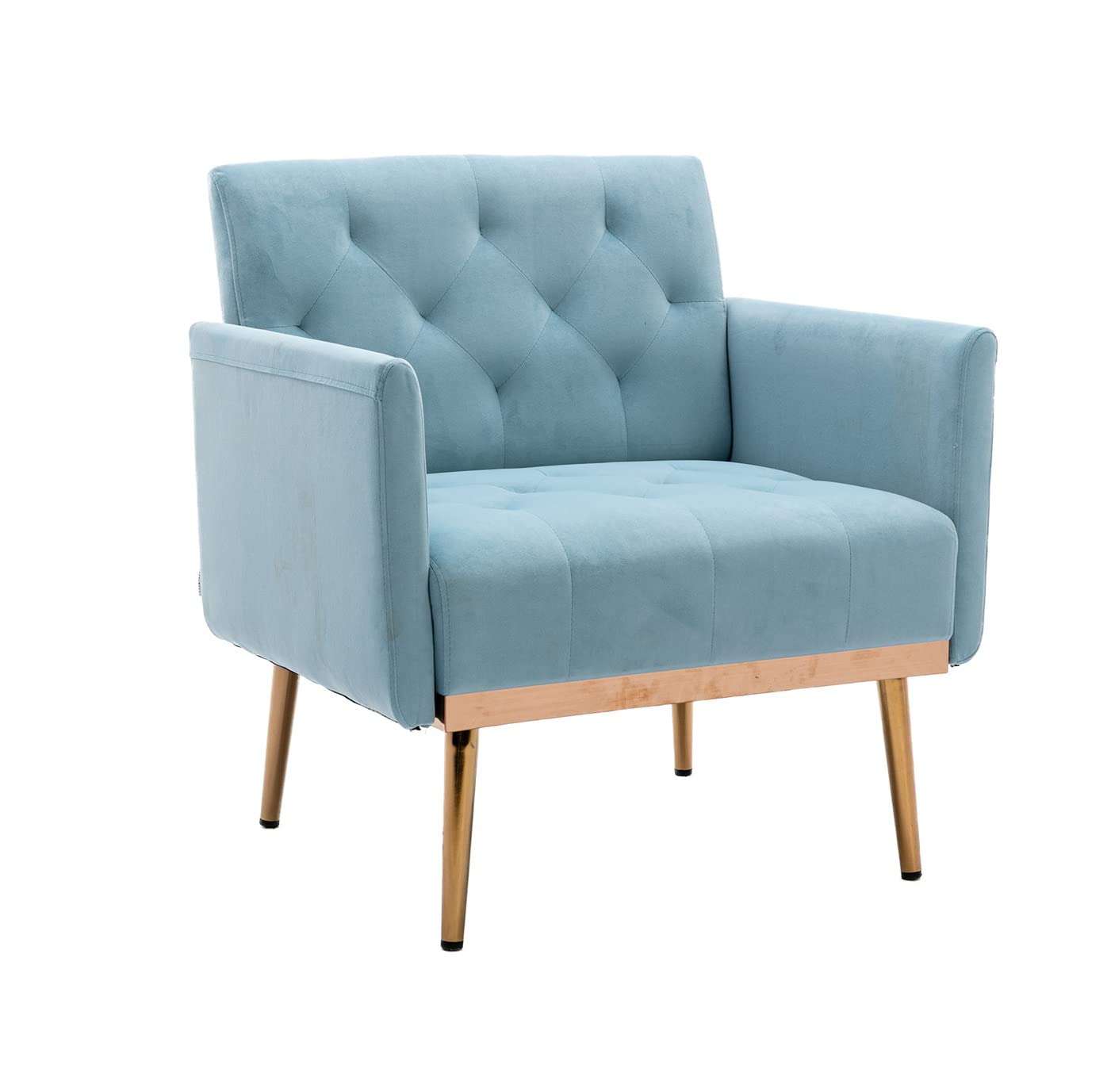 Modern Fabric Accent Chair with Rose Gold Iron Legs - Upholstered Armchair for Living Room, Bedroom, Office - Comfortable Single Sofa in Blue | Perfect for Reading Nook, Home Decor, Small Space Furniture