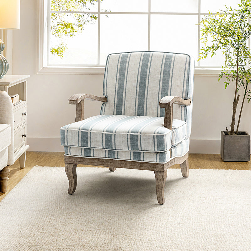 Randolph Romantic Upholstered Stripes Armchair with Solid Wood Armrests - Comfortable Living Room Accent Chair for Home Decor & Relaxation