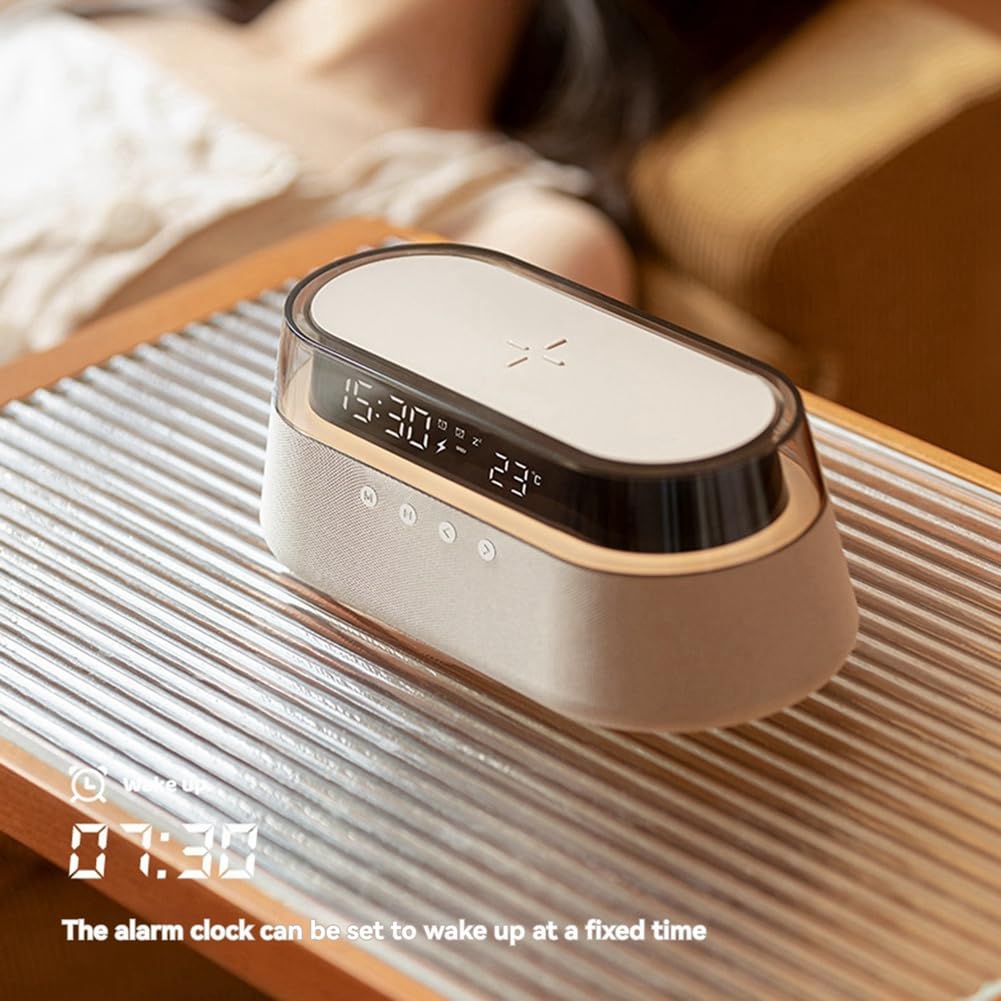 Colorful Wireless Bluetooth Speaker with Wireless Charging, Digital Display Clock & Night Light - Multi-Functional Music Desk Lamp for Home, Office & Bedroom Use