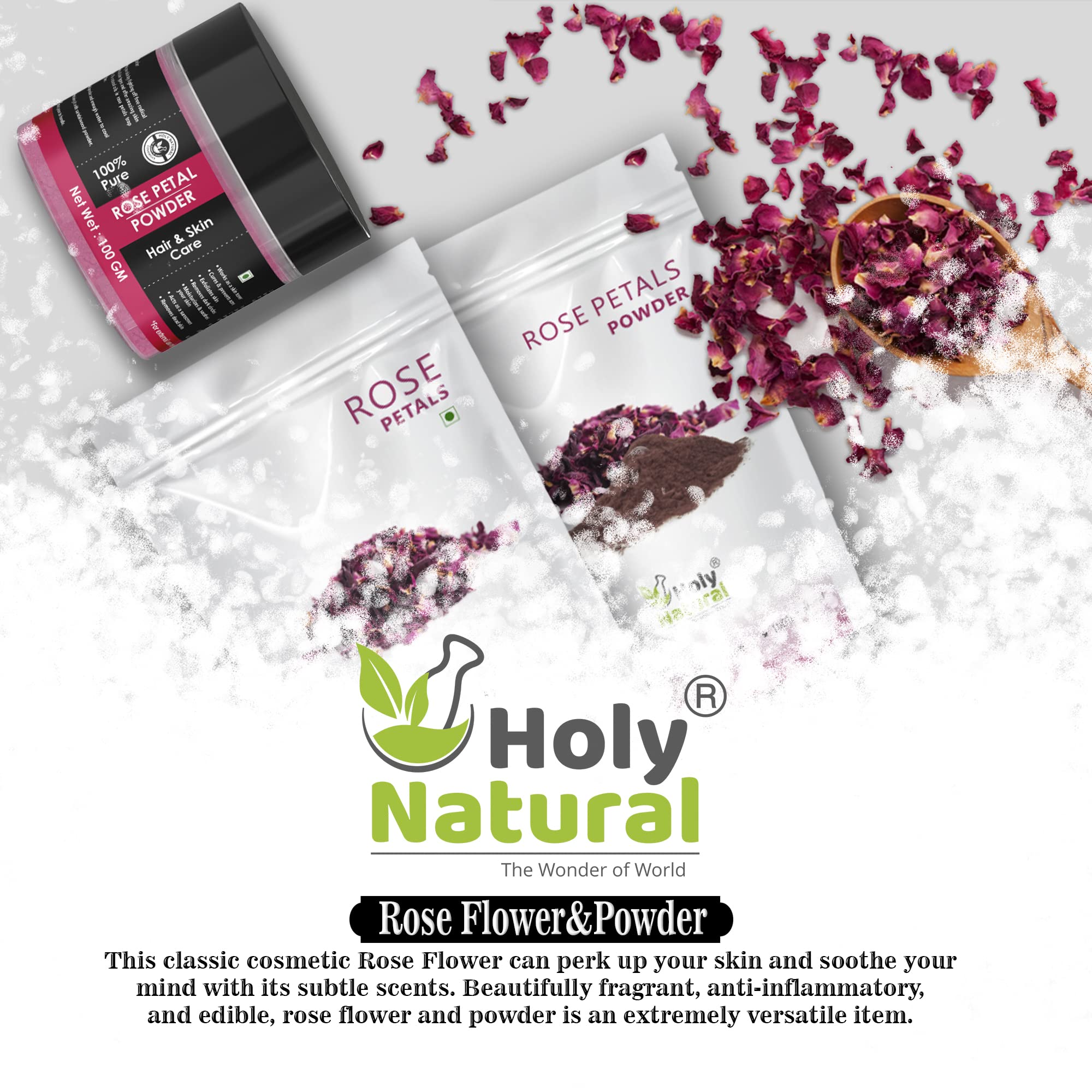 100% Pure Holy Natural Rose Petals Powder (100g) - Organic Gulab Patti Powder for Face Mask, Skin Brightening, Body Wash & Tan Removal | DIY Beauty Care for Glowing Skin & Dark Spot Treatment