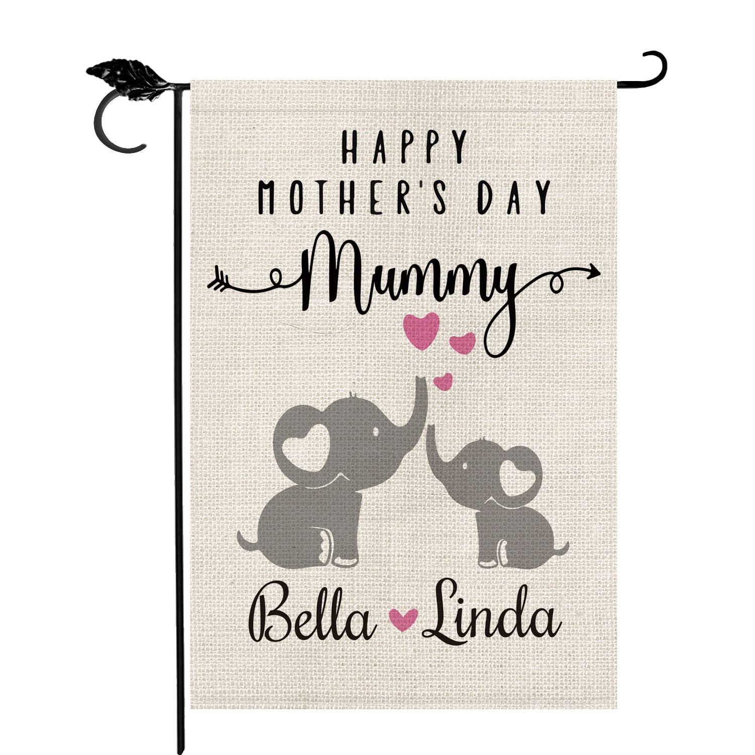 Personalized Mother's Day Garden Flag - Custom Name Elephant Design for Mom & Daughter - Double Sided 12x18 Inch Rustic Farmhouse Burlap Outdoor Decoration - Perfect for Yard, Porch, and Garden Decor