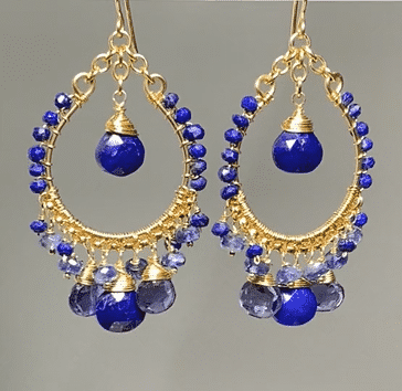 Blue Gemstone Gold Hoop Chandelier Earrings - Lapis, Kyanite & Iolite - Elegant Statement Jewelry for Parties, Weddings & Special Occasions
