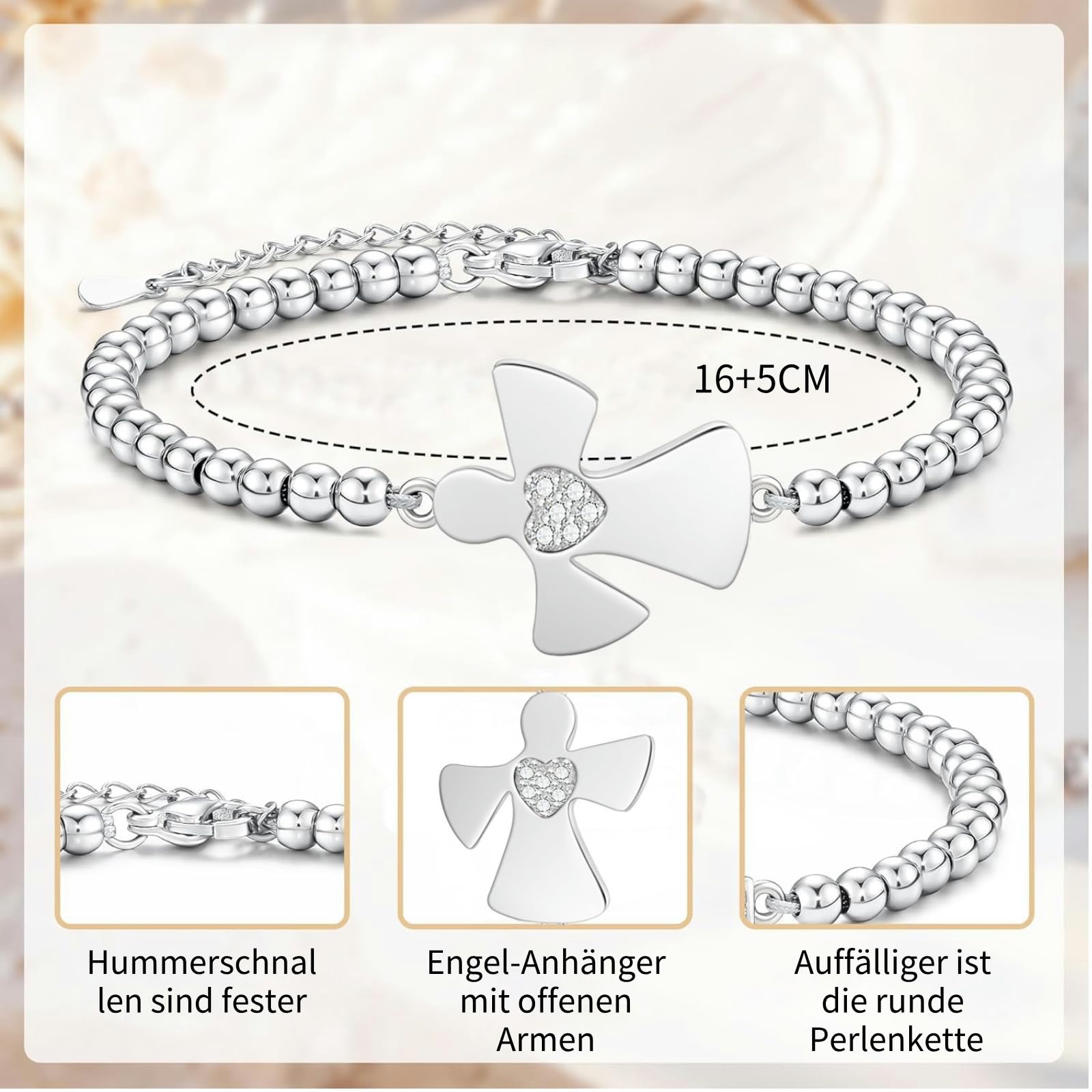 JBniuay Christmas Gifts for Mom - Sterling Silver Angel Bracelet with Beads, Mother's Day Present for Mom, S925 Silver Jewelry | Perfect for Birthday, Anniversary & Special Occasions