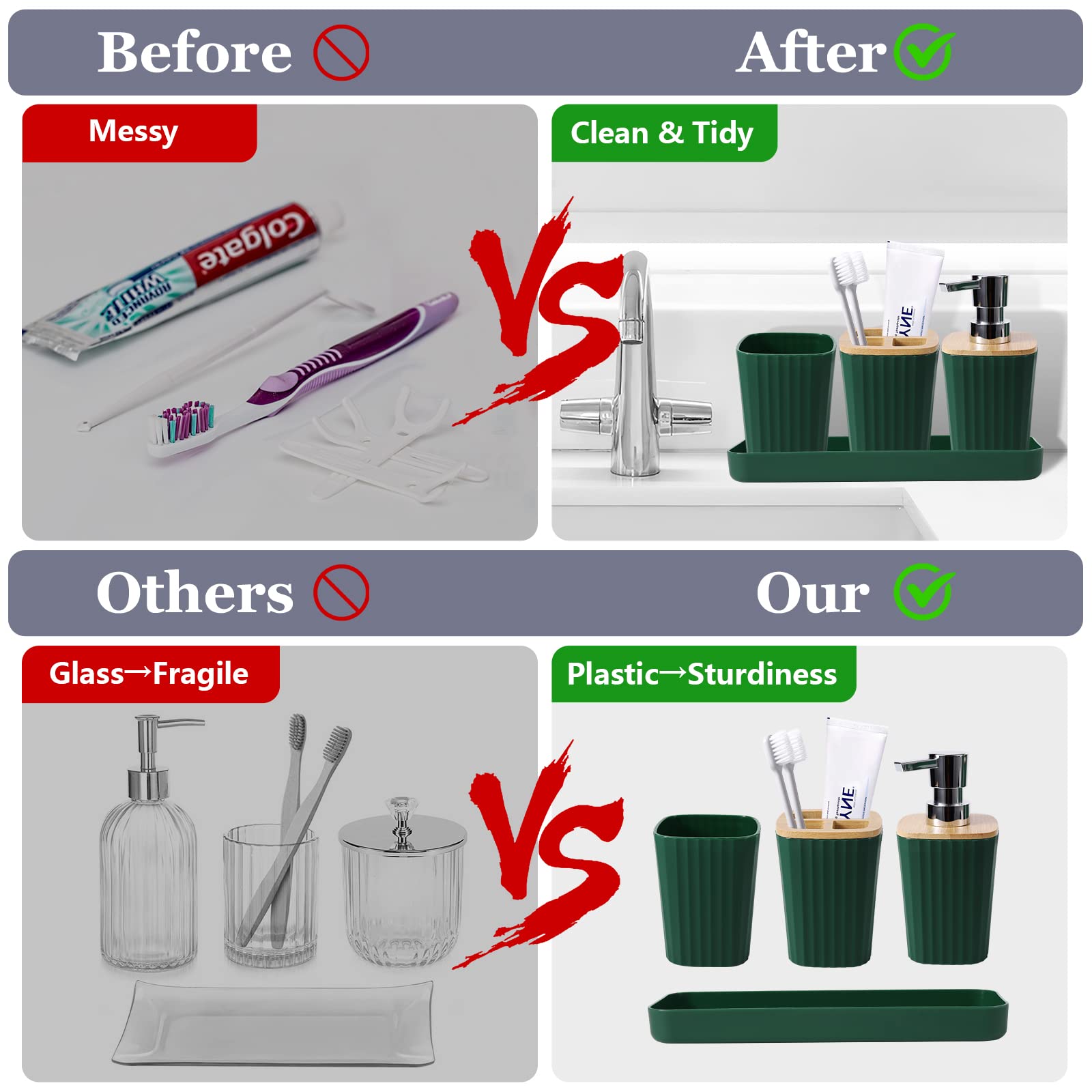 9-Piece Beige Bathroom Accessories Set - Includes Trash Can, Vanity Tray, Soap Dispenser, Soap Dish, Toothbrush Holder, Toothbrush Cup, Toilet Brush & Qtip Holders - Perfect for Home, Apartment, Hotel & Guest Bathroom Decor