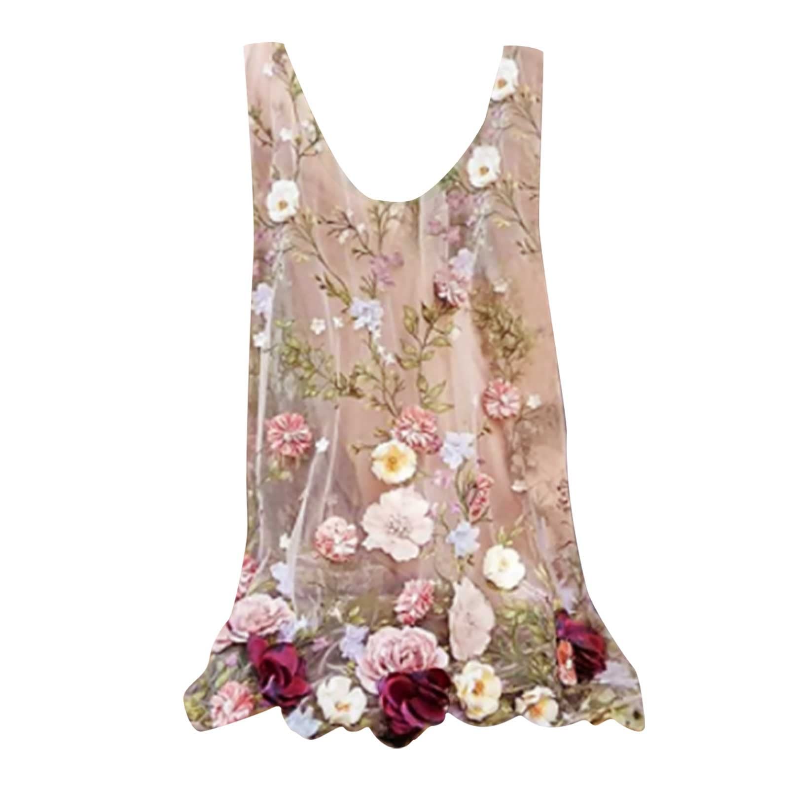 Vintage Floral Chiffon Women's Tank Tops - Lightweight Sleeveless Loose Fit T-Shirts with Scalloped Hemline & Crewneck - Perfect for Summer Outfits, Beach Wear, and Casual Everyday Style
