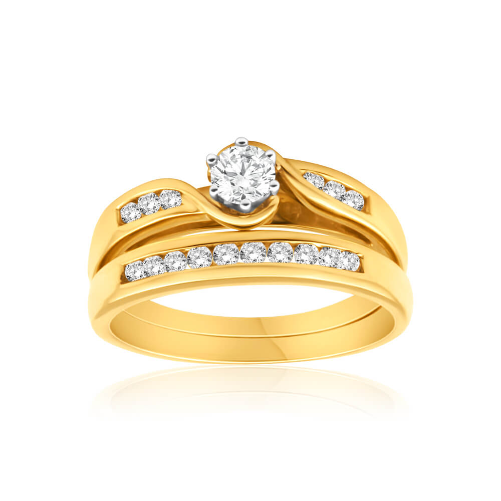 14K Yellow Gold Diamond Bridal Ring Set - 0.5ct Total Weight, 16 Round Cut Diamonds, Wedding Engagement Band for Women - Perfect for Proposals, Anniversaries & Bridal Jewelry Gifts