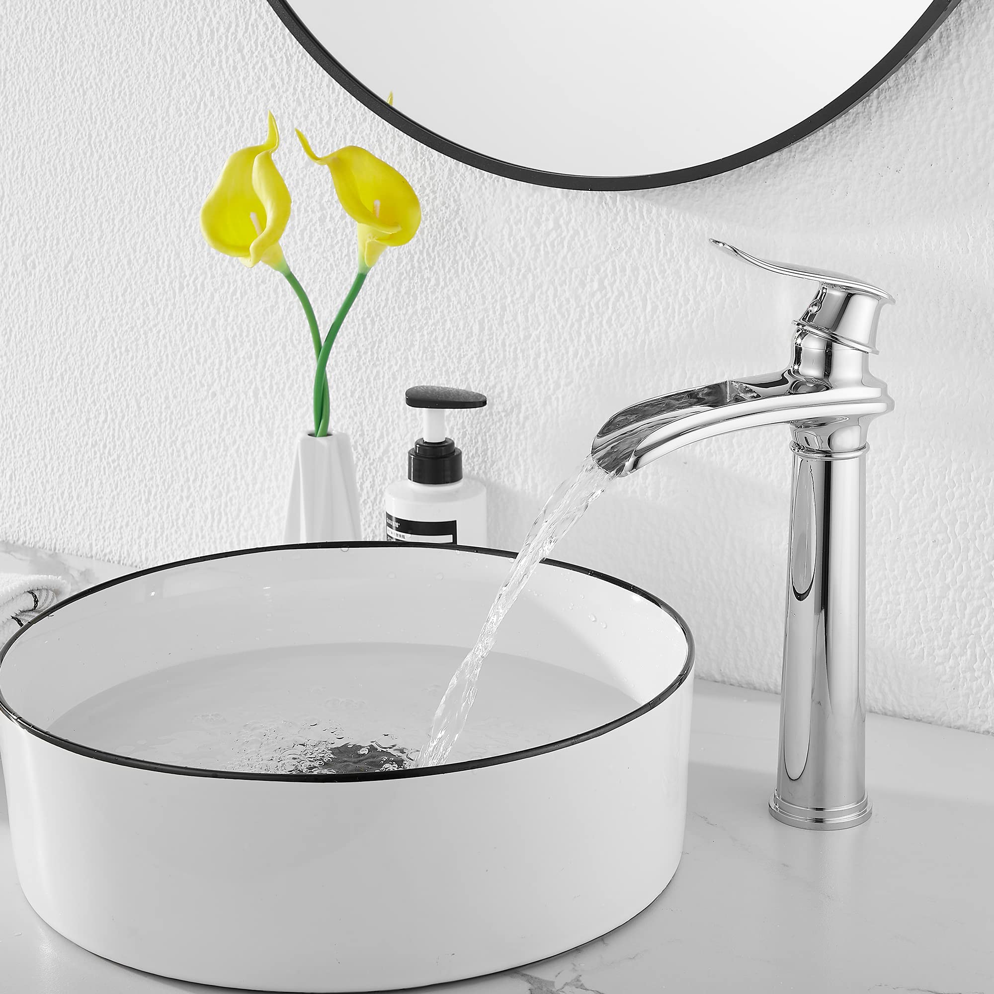 GGStudy Chrome Waterfall Single Handle Bathroom Faucet - One Hole Vessel Sink Faucet with Pop Up Drain for Farmhouse Style Bathroom | Perfect for Modern & Rustic Bathroom Decor